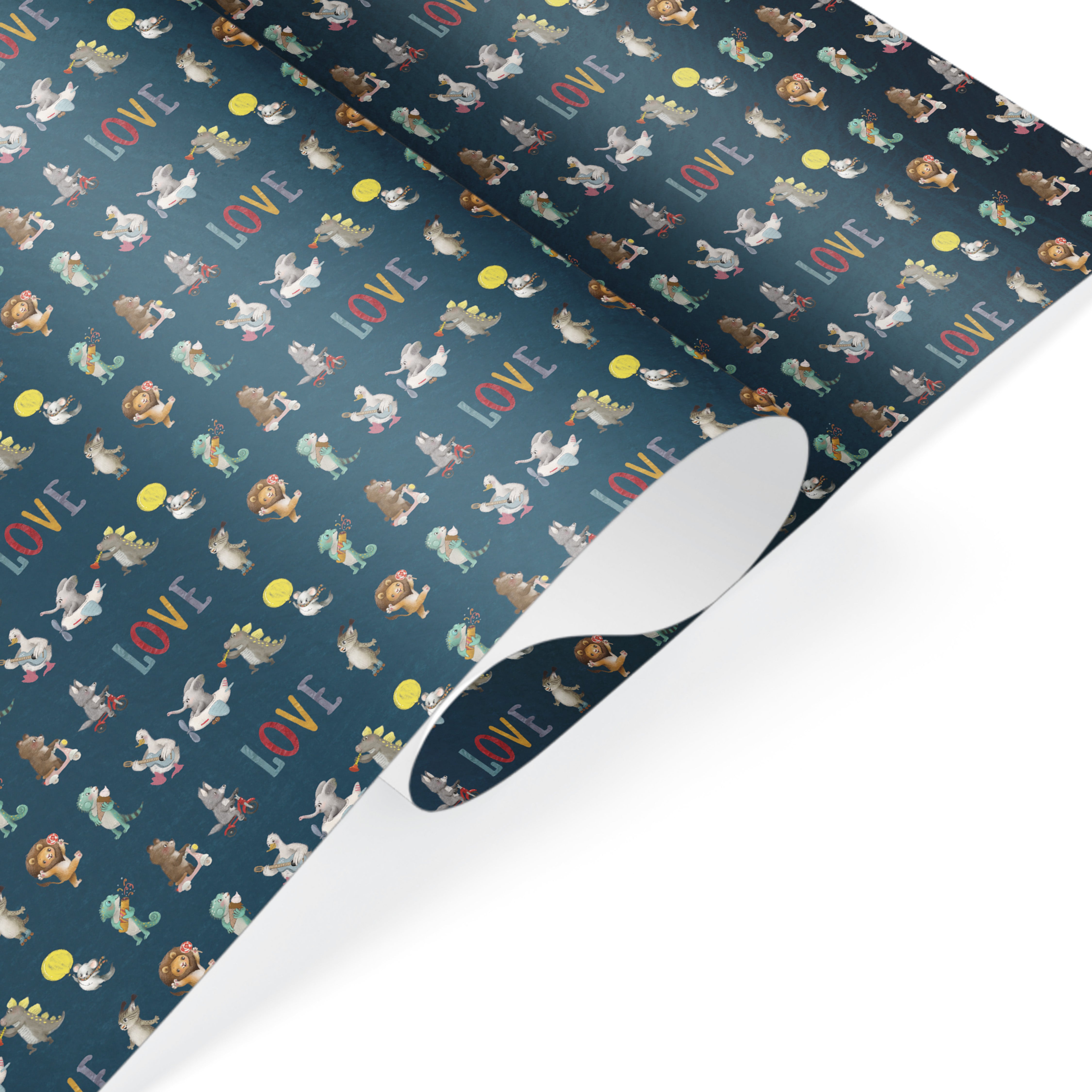 Cartoon animal gift wrap with LOVE text and stars on navy blue – cute for baby showers, birthdays, and Valentine’s Day.