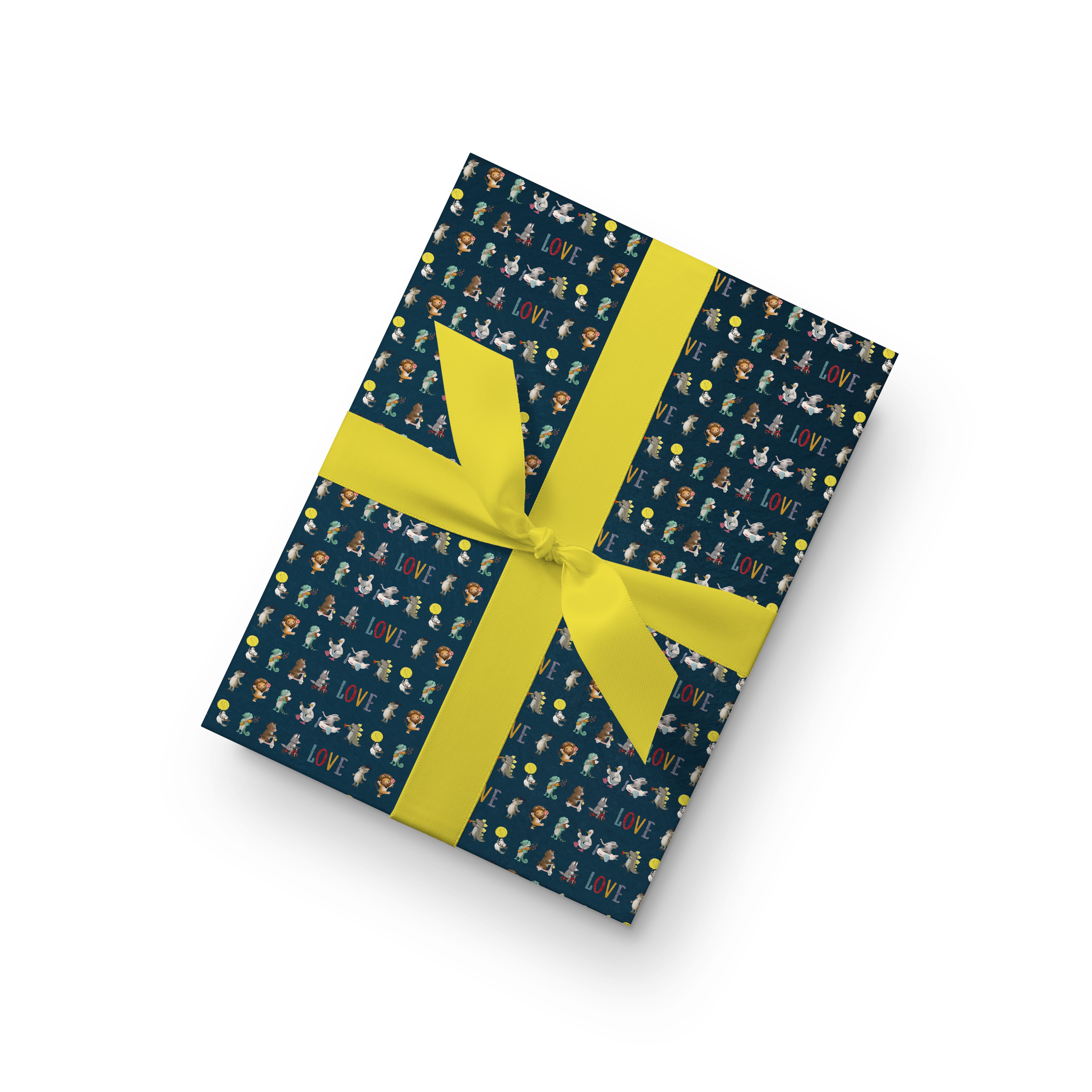 Cartoon animal gift wrap with LOVE text and stars on navy blue – cute for baby showers, birthdays, and Valentine’s Day.
