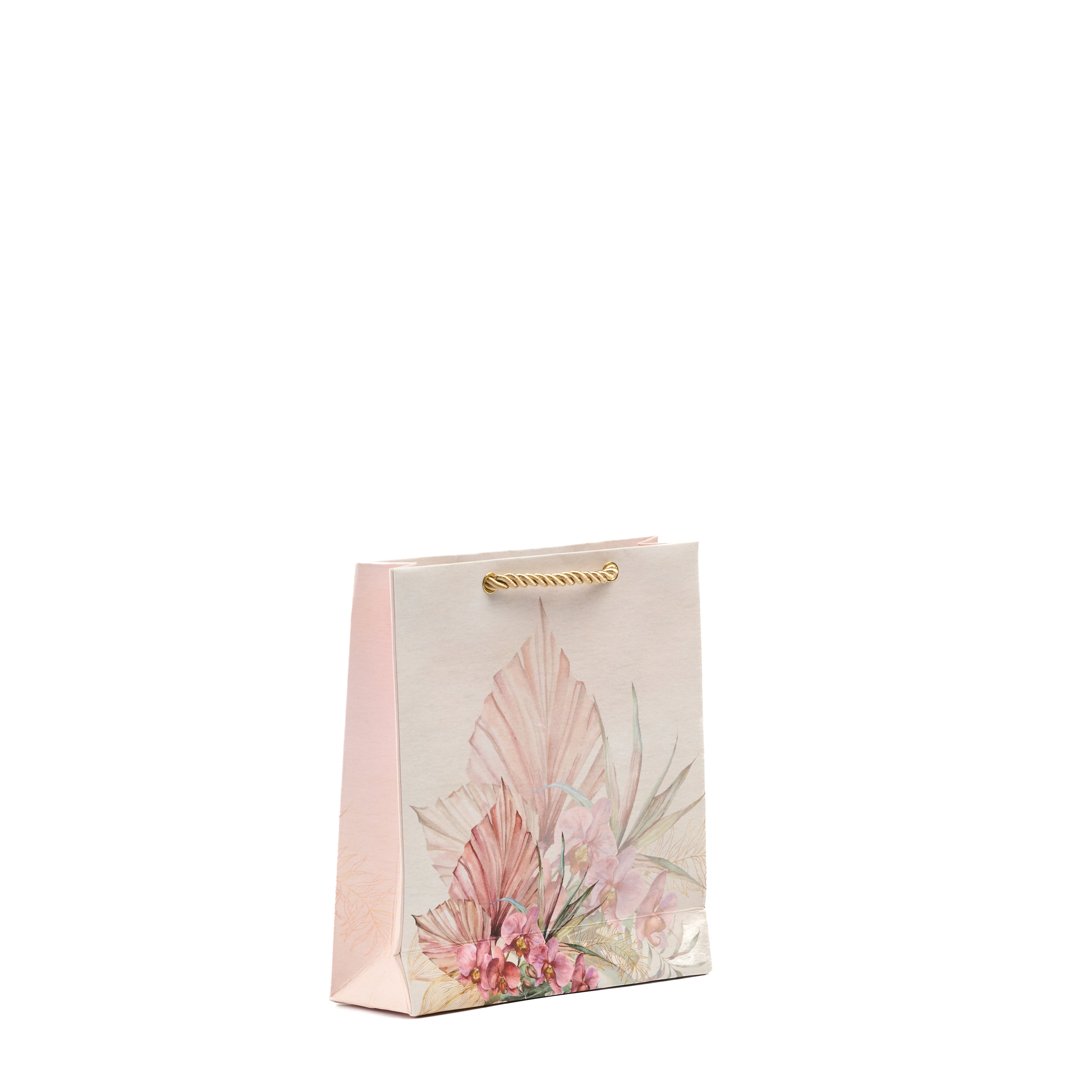 A medium-sized pastel pink gift bag decorated with an elegant botanical floral design, showcasing muted pink leaves and soft flowers.