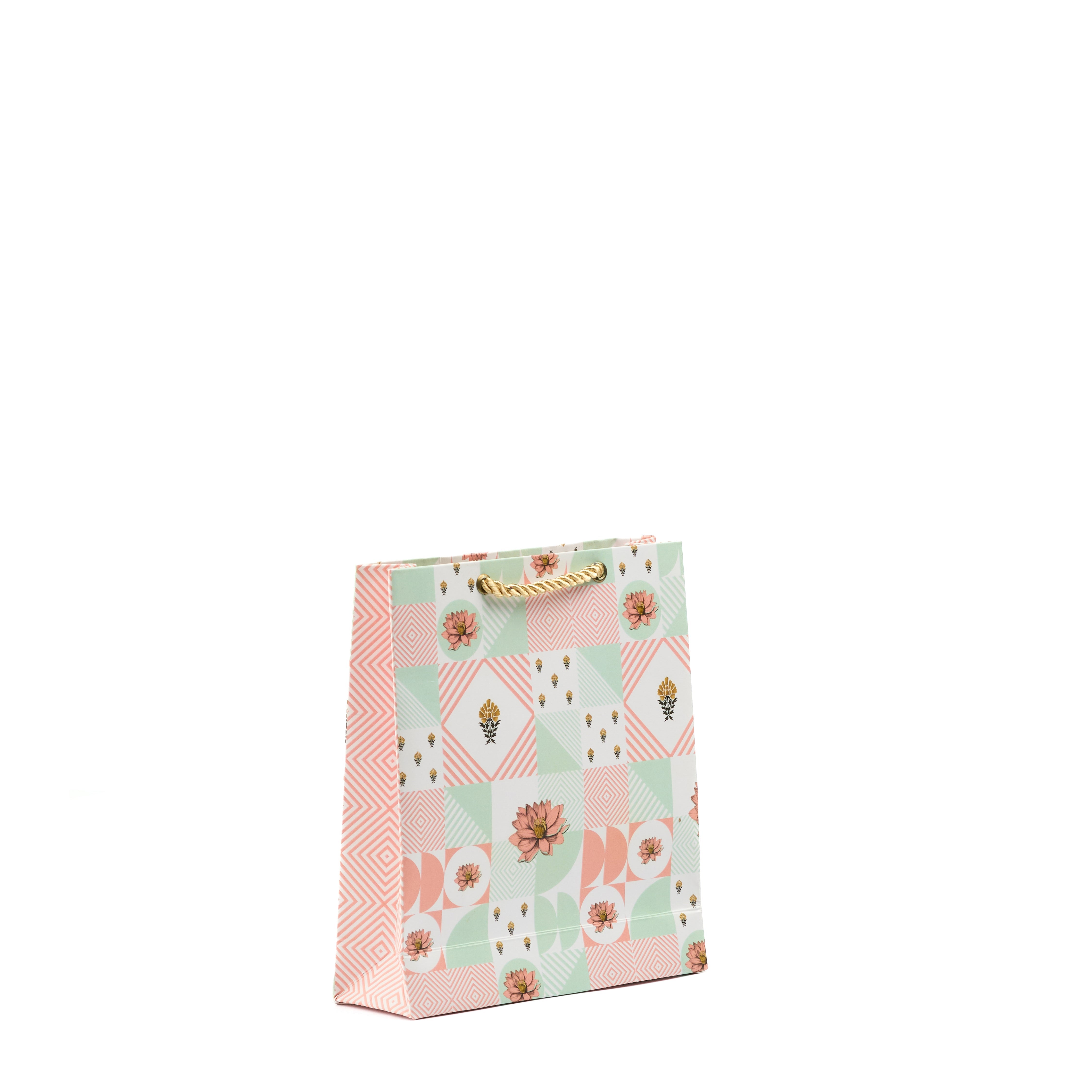 Petite beige-green gift bag with light floral artwork, perfect for jewelry, favors, or thoughtful tokens.