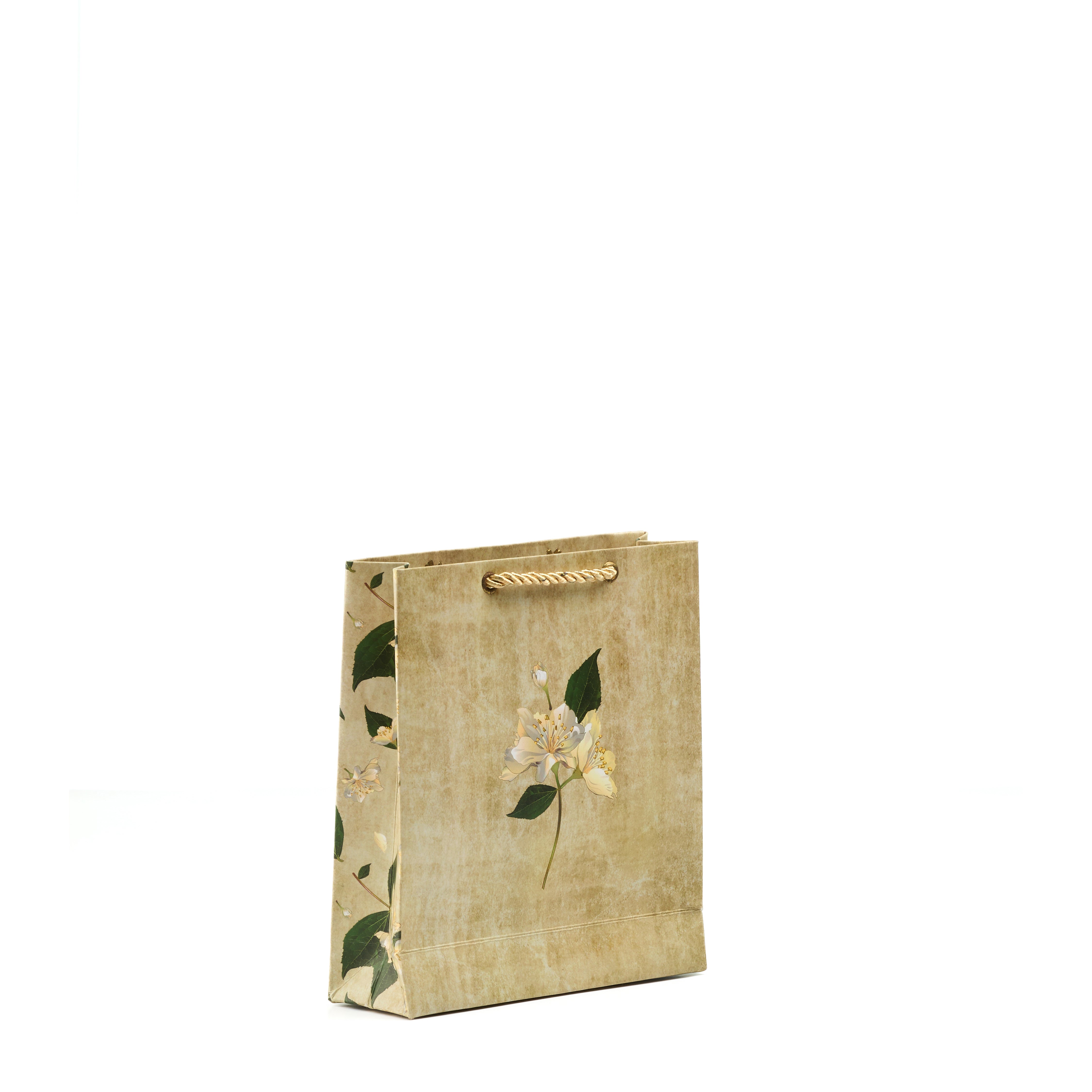 Pastel green mini gift bag with watercolor roses and leafy details, ideal for wedding wear and seasonal gifting.