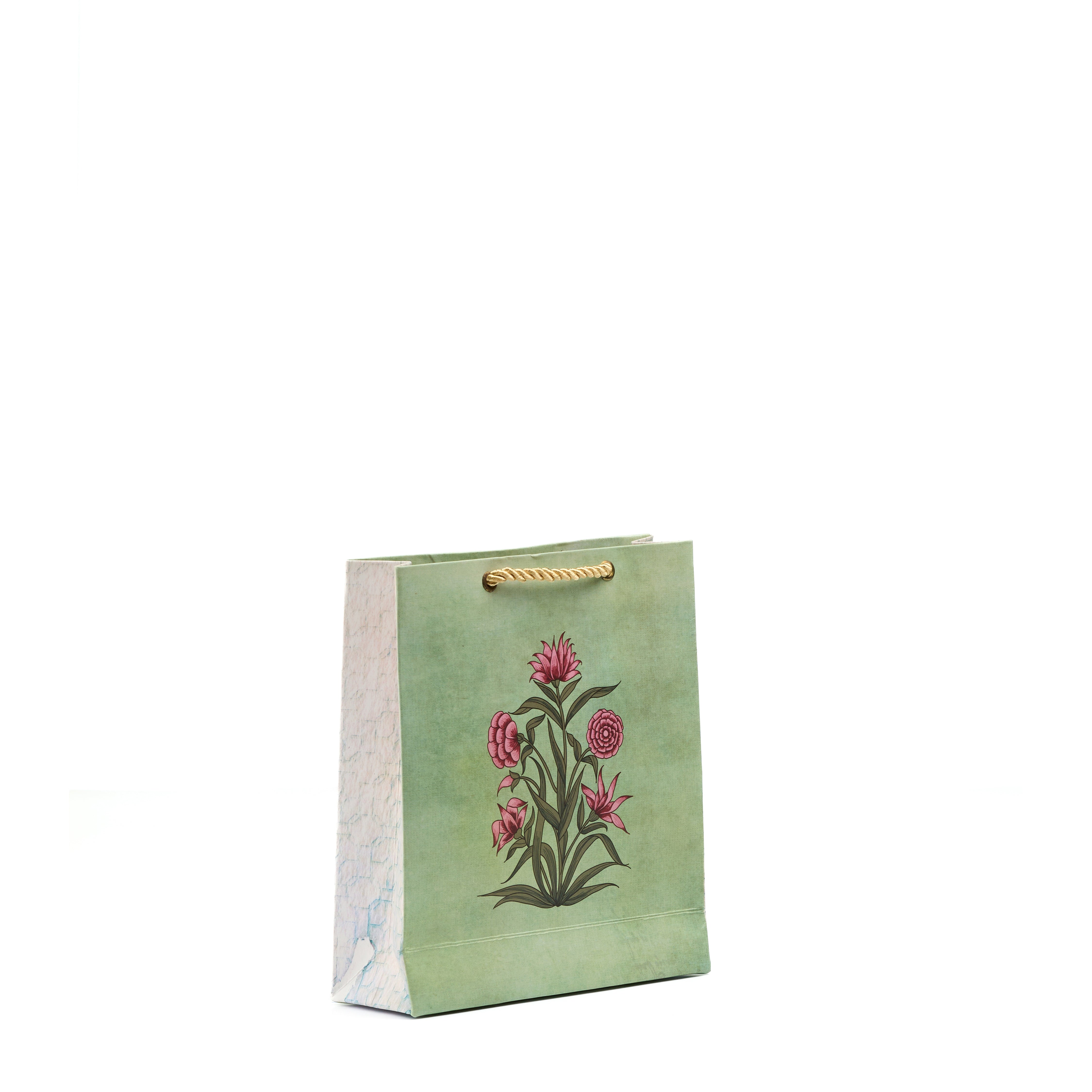 Small black floral gift bag with detailed white blooms and ikat sides, perfect for premium favors and trinkets.