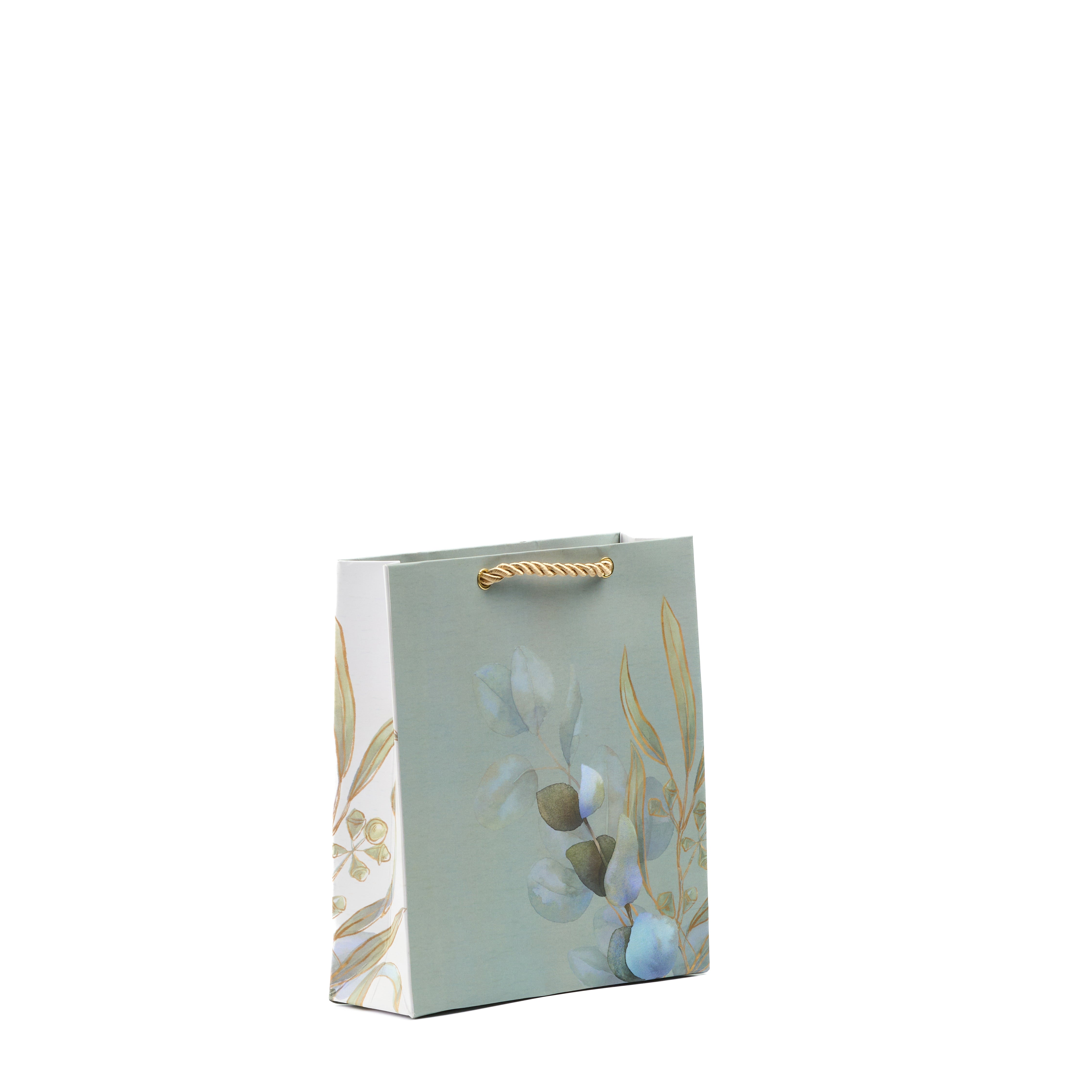 Small eucalyptus gift bag in pastel blue with subtle detailing, perfect for delicate keepsakes and favors.

