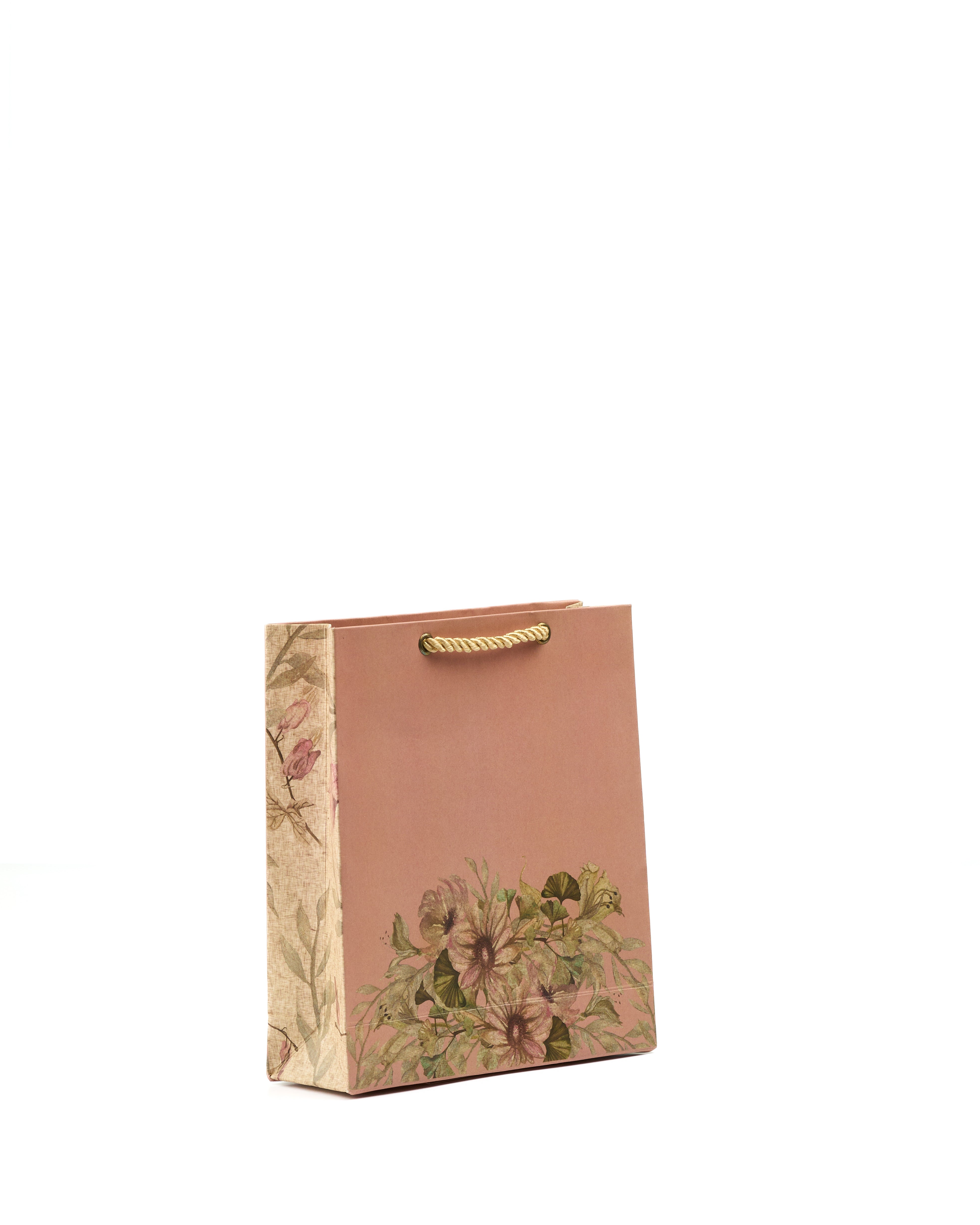 Compact floral printed perfume gift bag with rope handles in blush and beige.