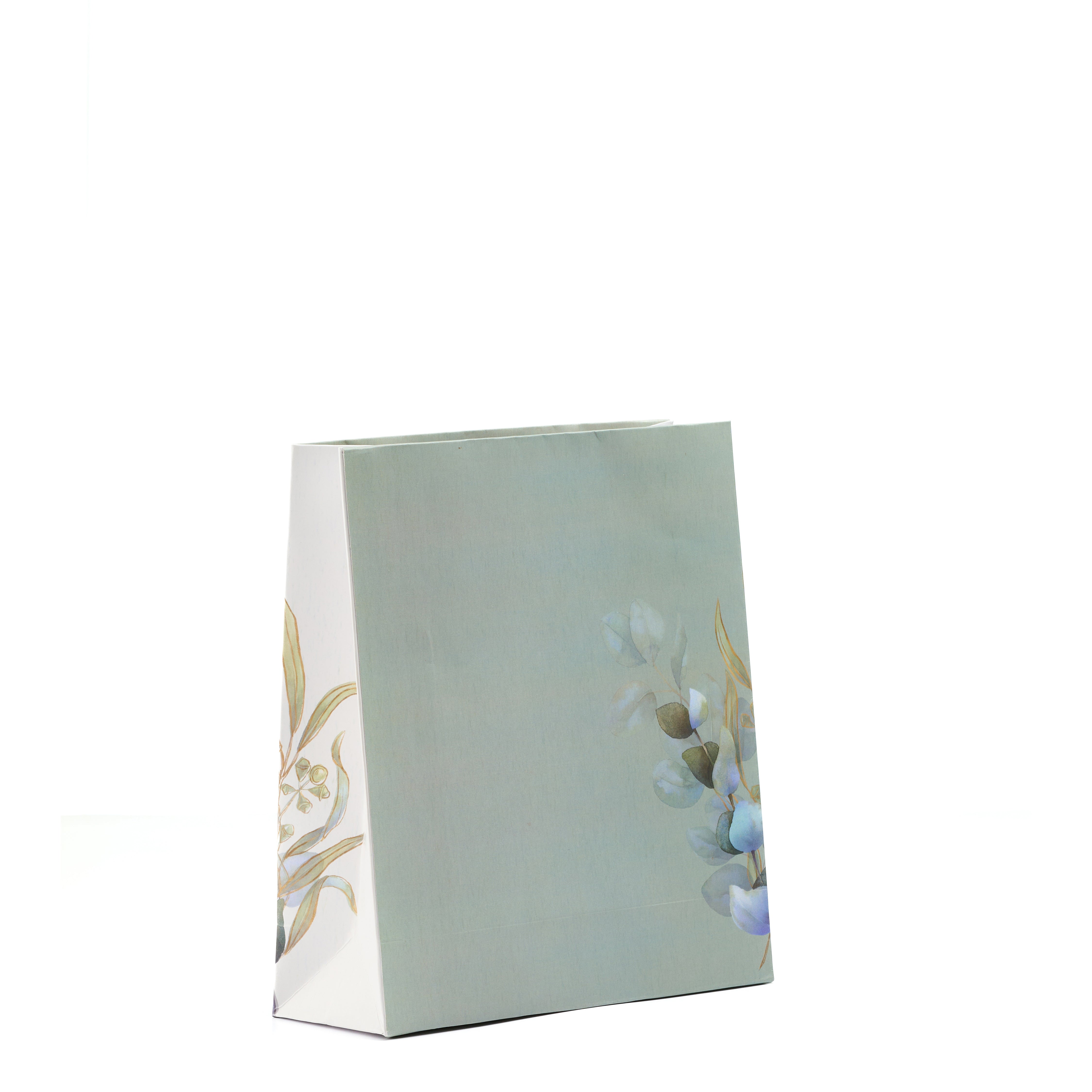 Elegant blue medium gift bag with soft foliage art and golden accents, perfect for calm, premium celebrations.

