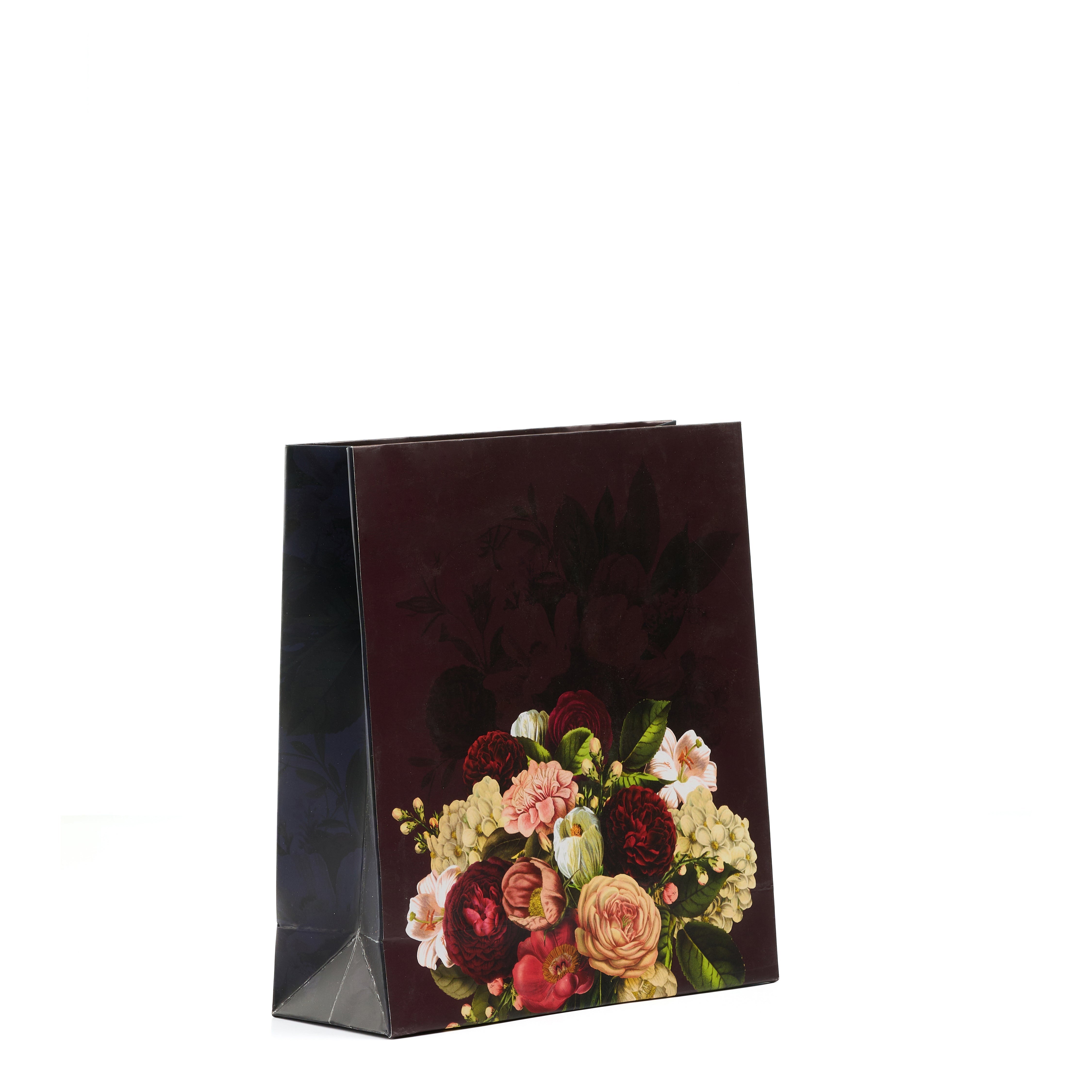 Compact floral gift bag with dark tones and roses, ideal for accessories or favors.


