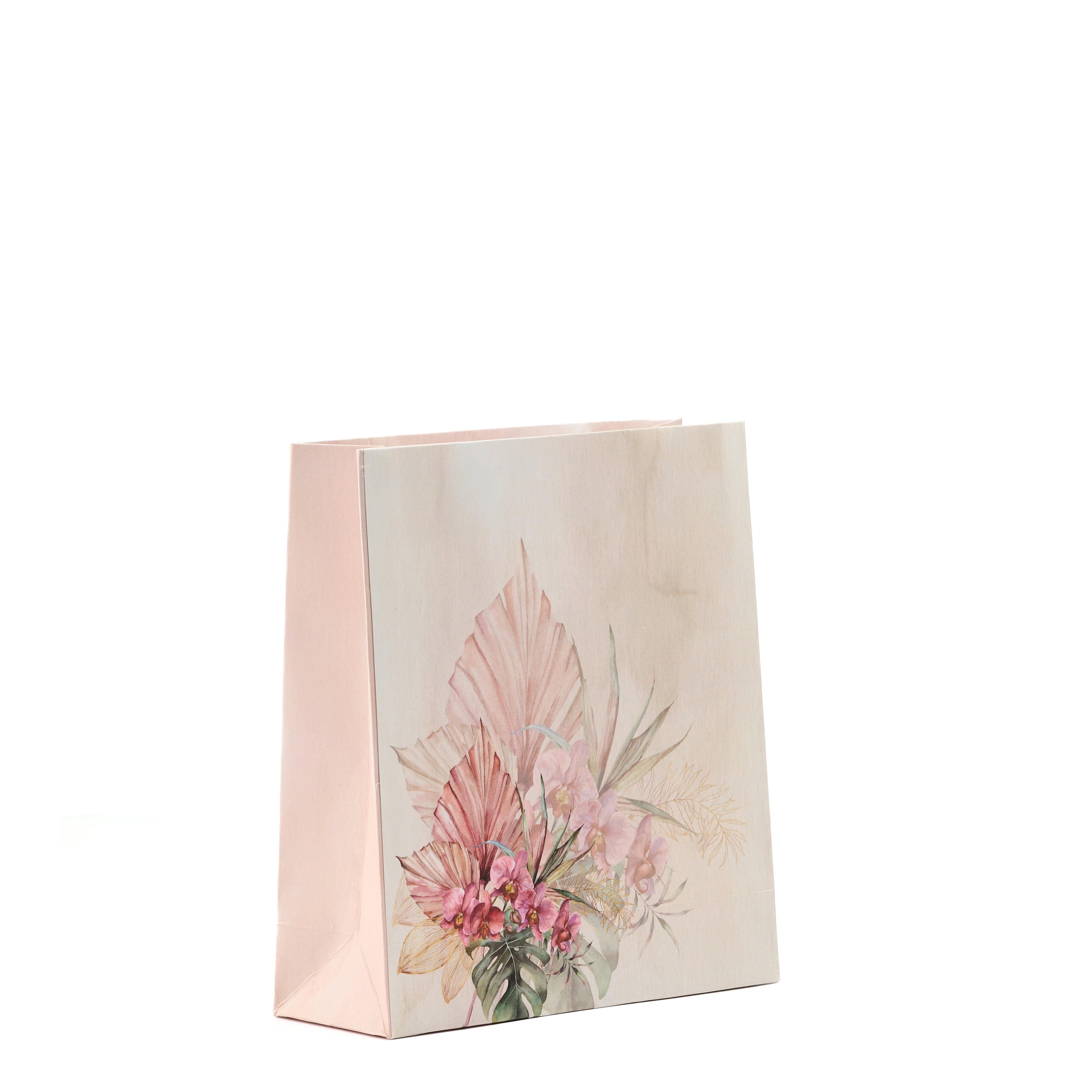 A small pastel pink gift bag featuring a soft botanical floral illustration with pink leaves and delicate flowers on the front.