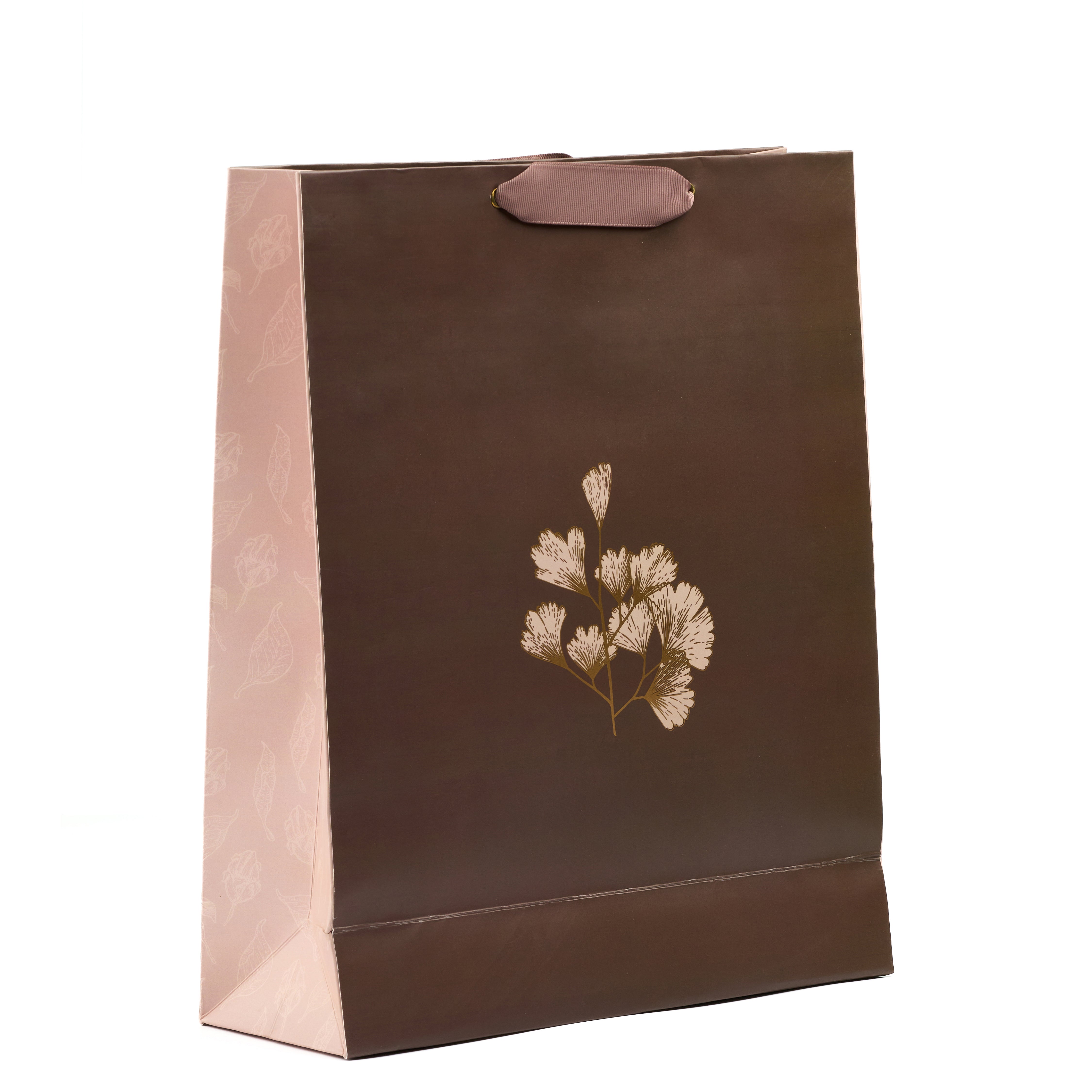 Elegant brown floral shirt gift bag with delicate white botanical print and soft beige sides, perfect for refined festive gifting.