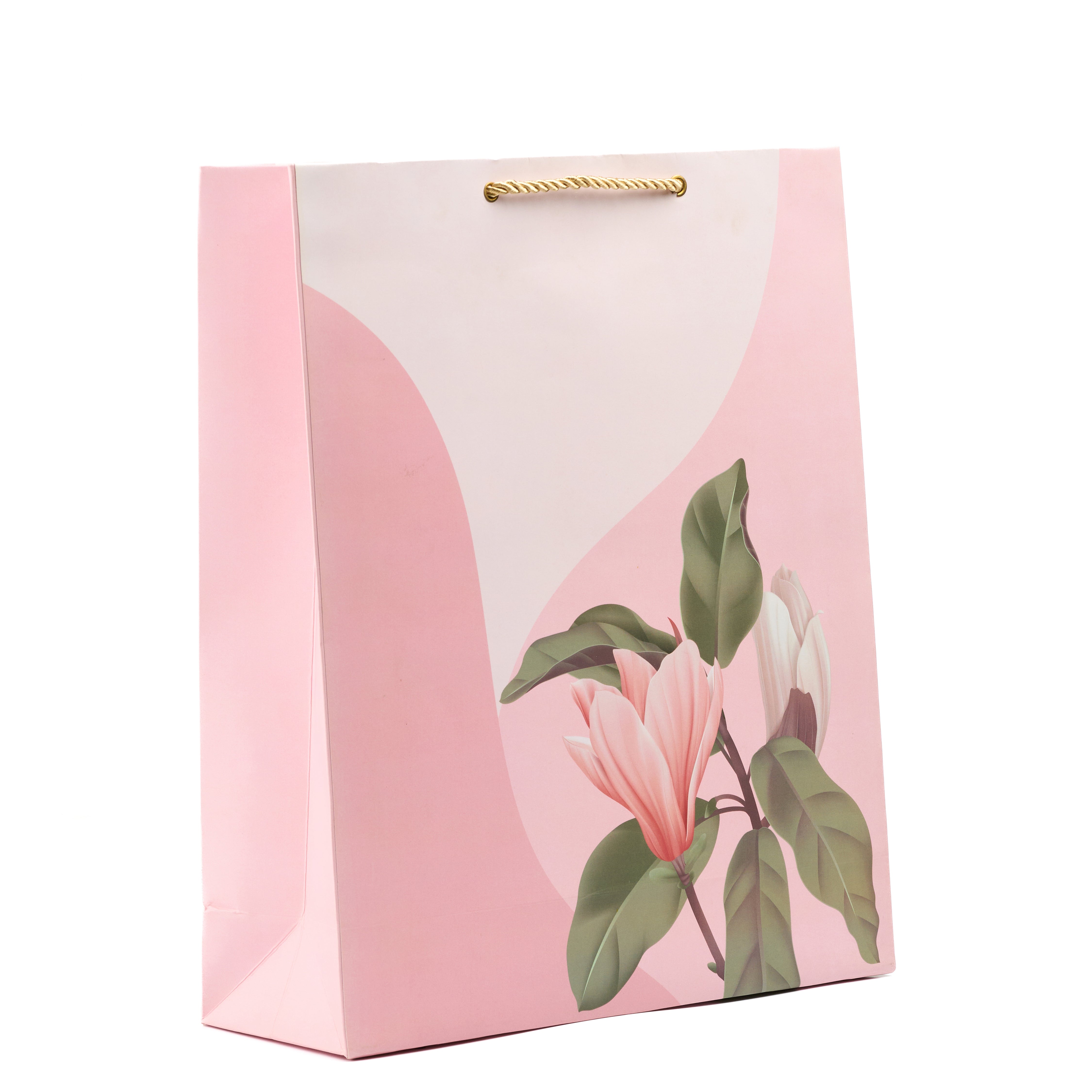 Pink magnolia shirt gift bag with soft floral blooms and curved white accents, perfect for graceful, elegant celebrations.


