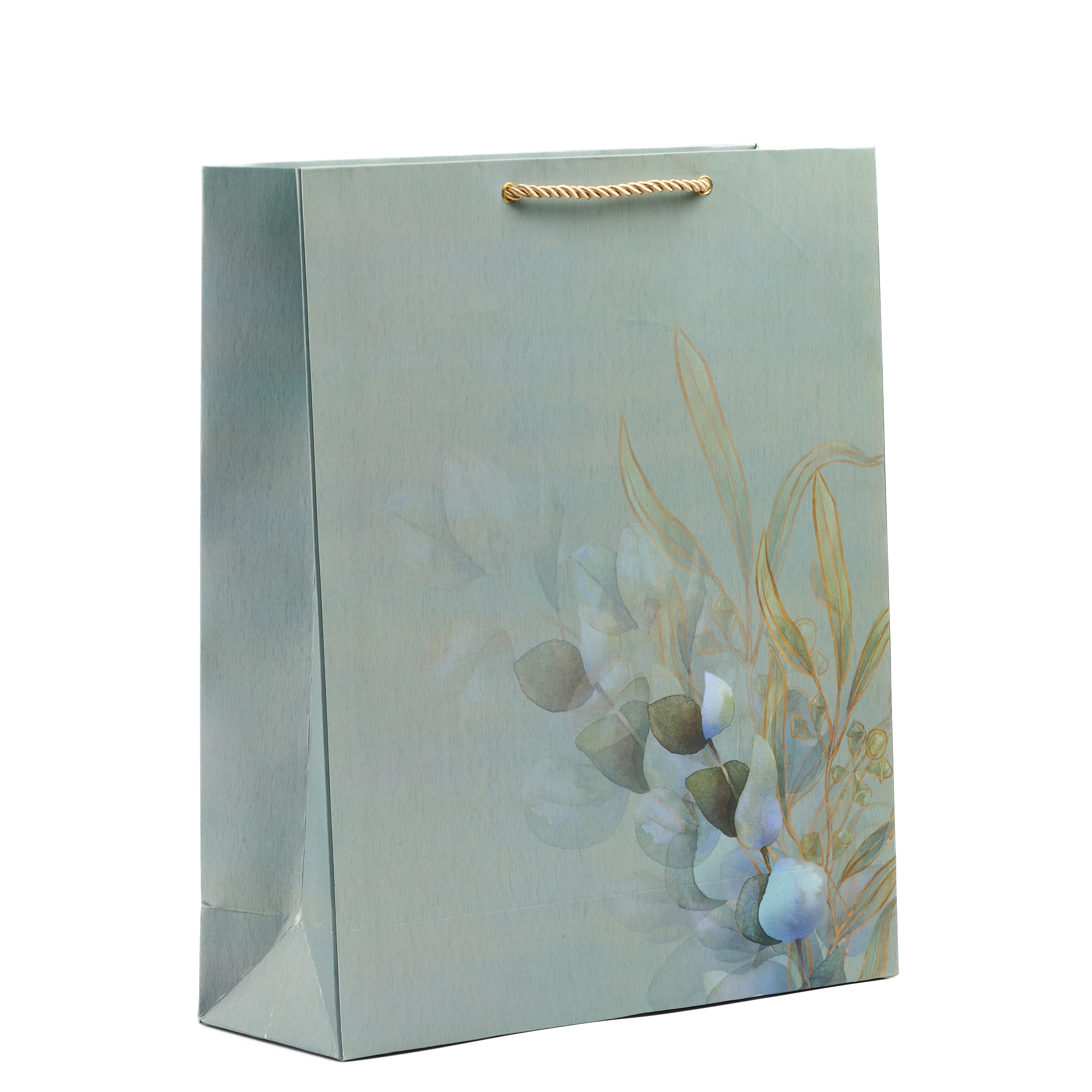Muted blue shirt gift bag with a serene eucalyptus and gold outline design, ideal for minimalist luxury gifting.

