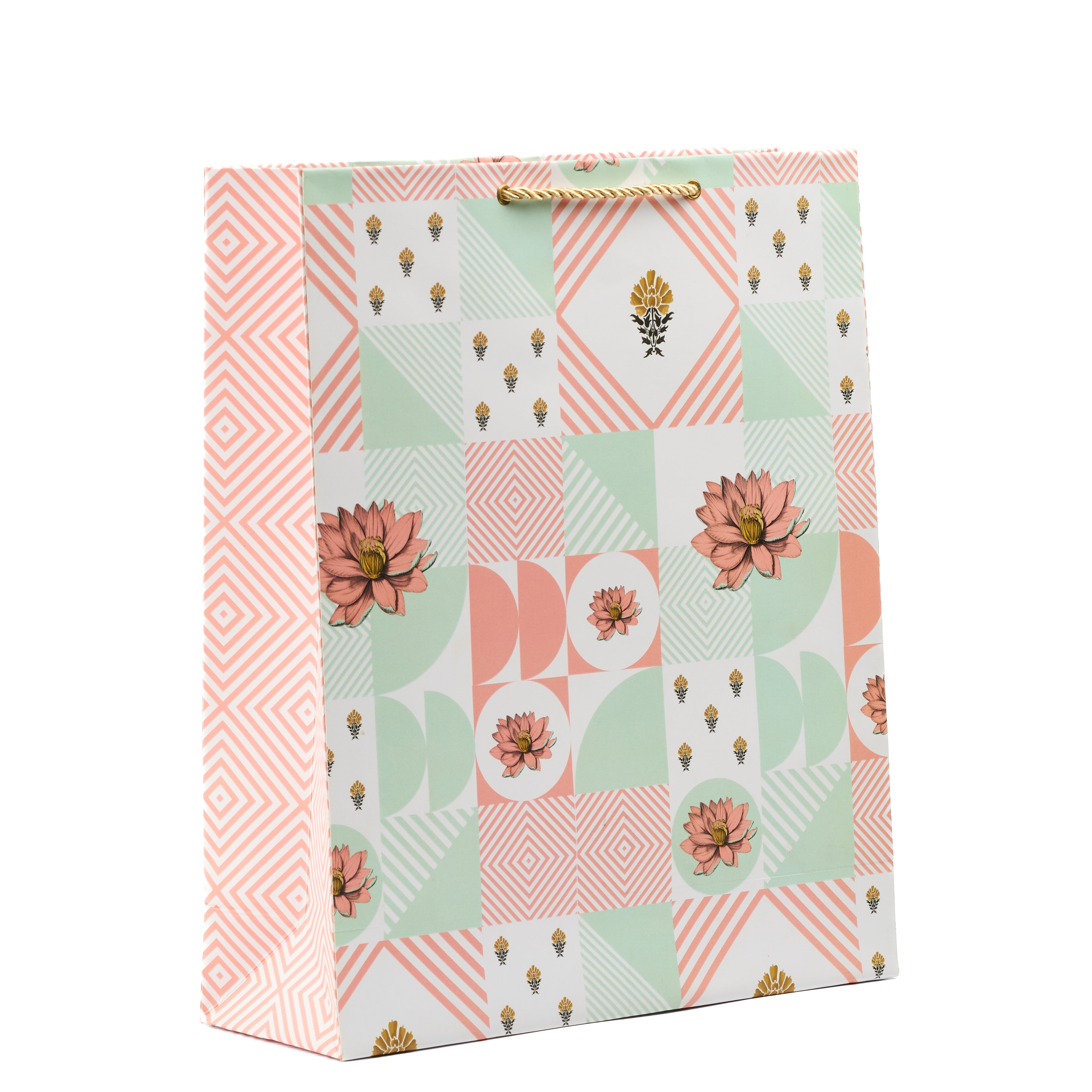 Beige and sage green floral shirt bag with soft watercolor blooms, ideal for garden weddings and spring gifting.