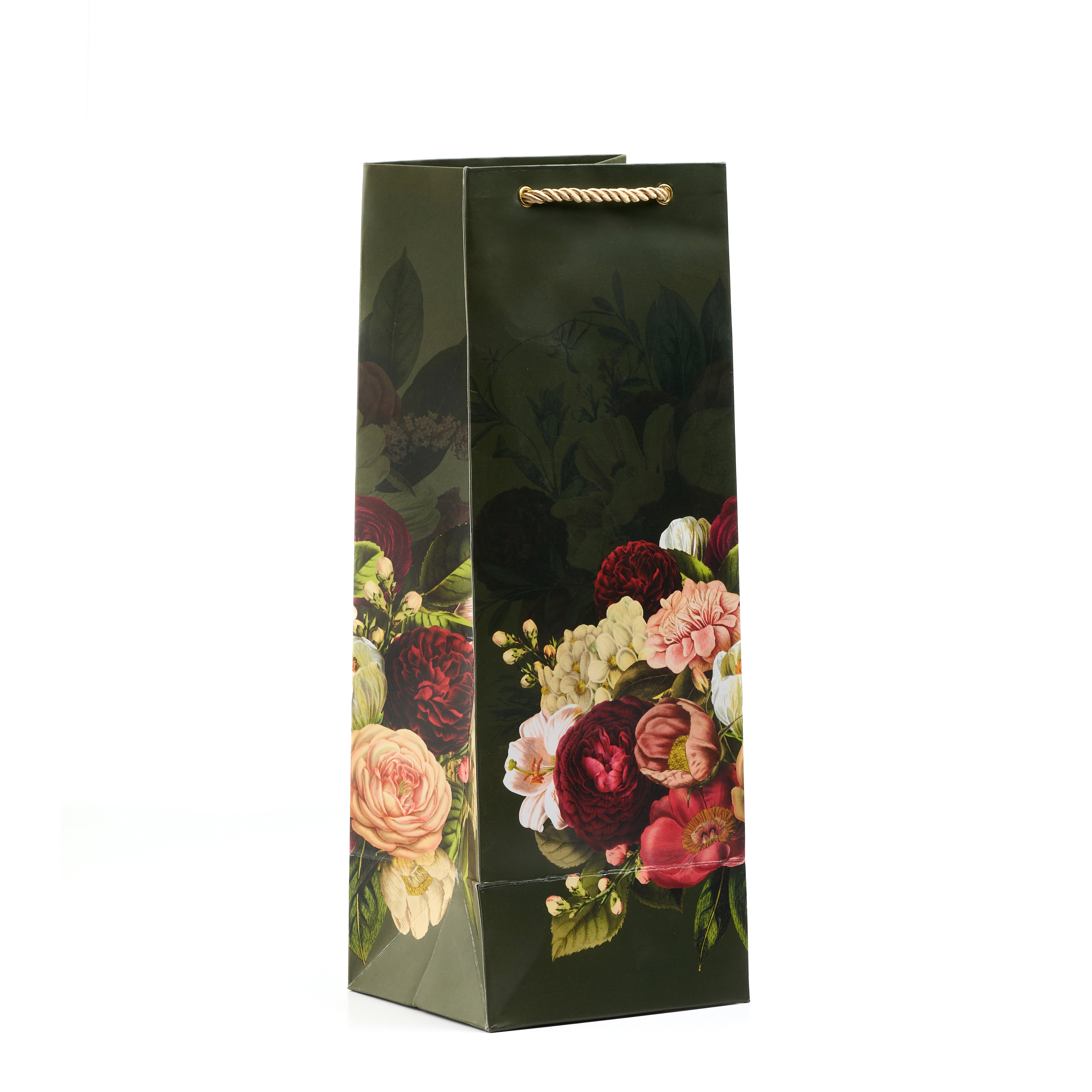 Tall pink floral wine bag with painterly roses and elegant finish, perfect for weddings or bridal gifting.