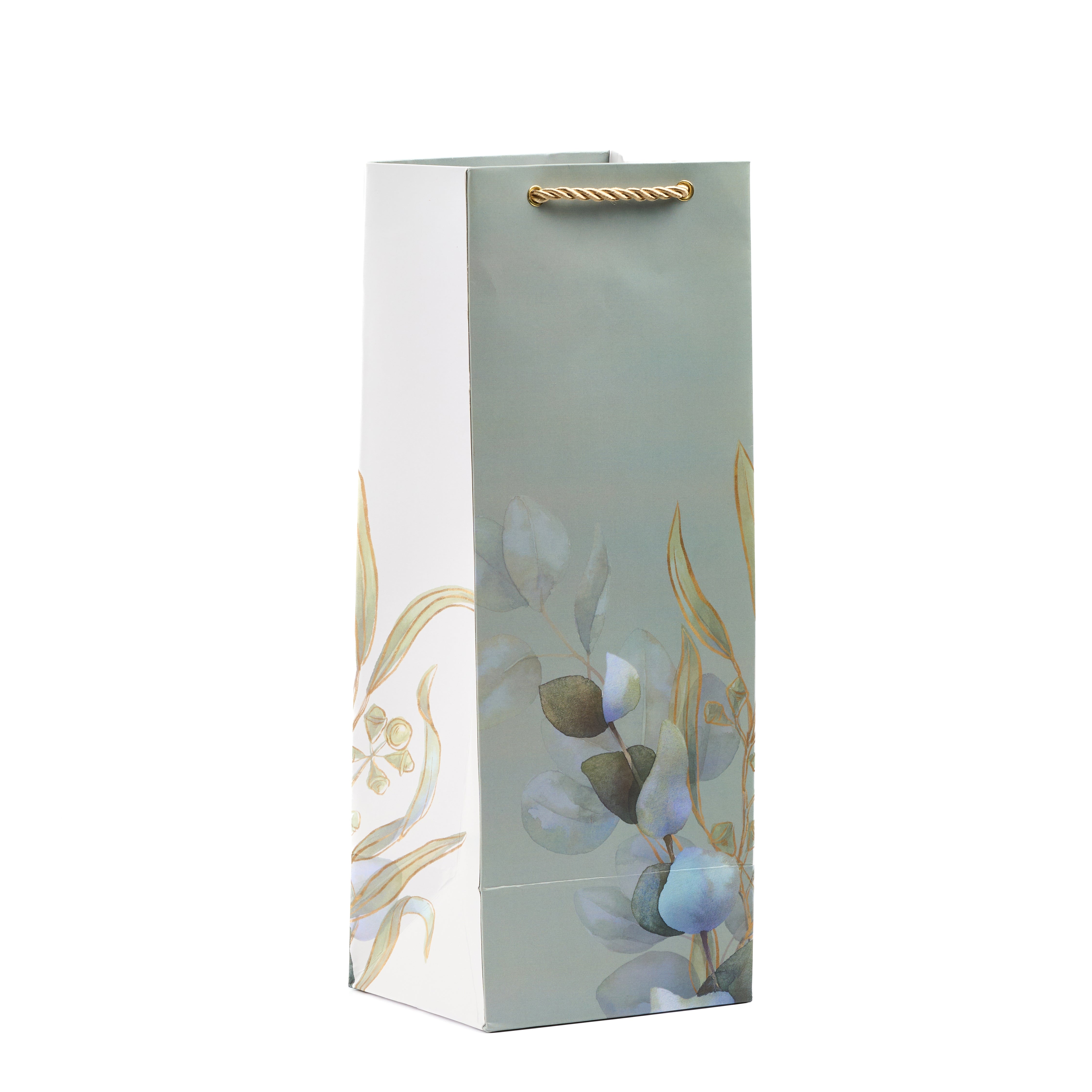 Tall wine bag with blue botanical design and gold foiling, perfect for natural, modern bottle gifting.

