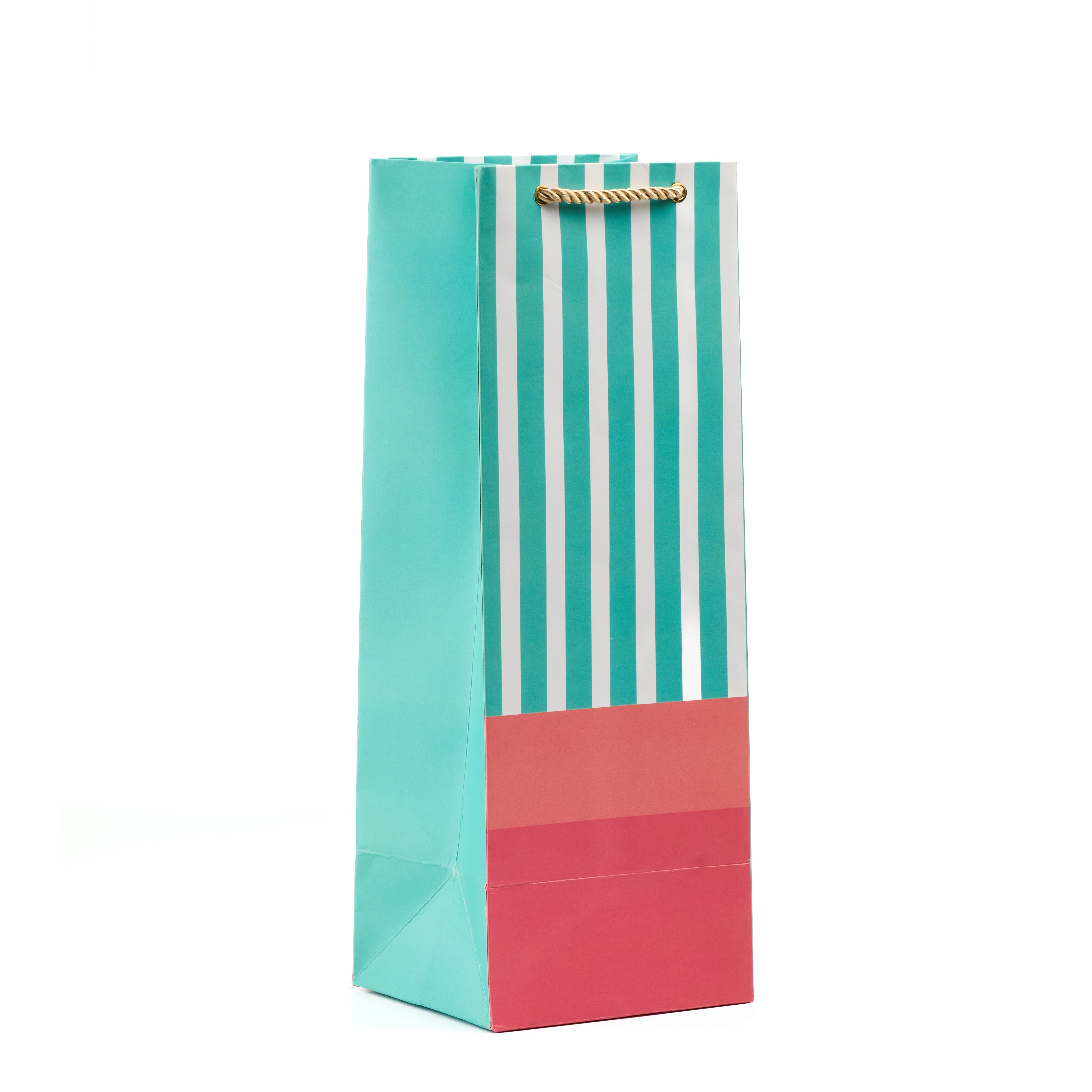 Striped green wine gift bag featuring a contrasting teal detail and premium rope handle