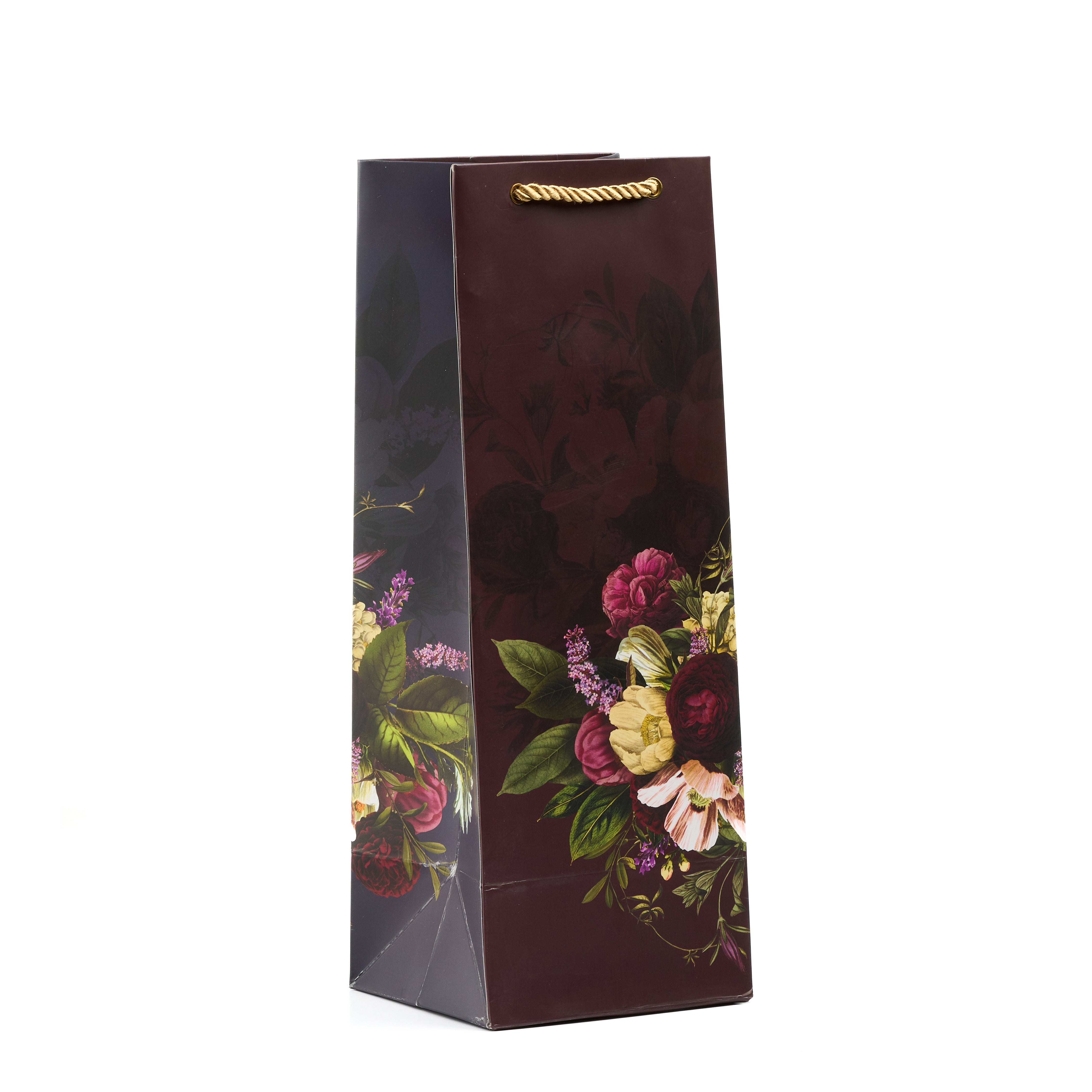 Tall floral wine bag with rich blooms and burgundy background, perfect for bottles.

