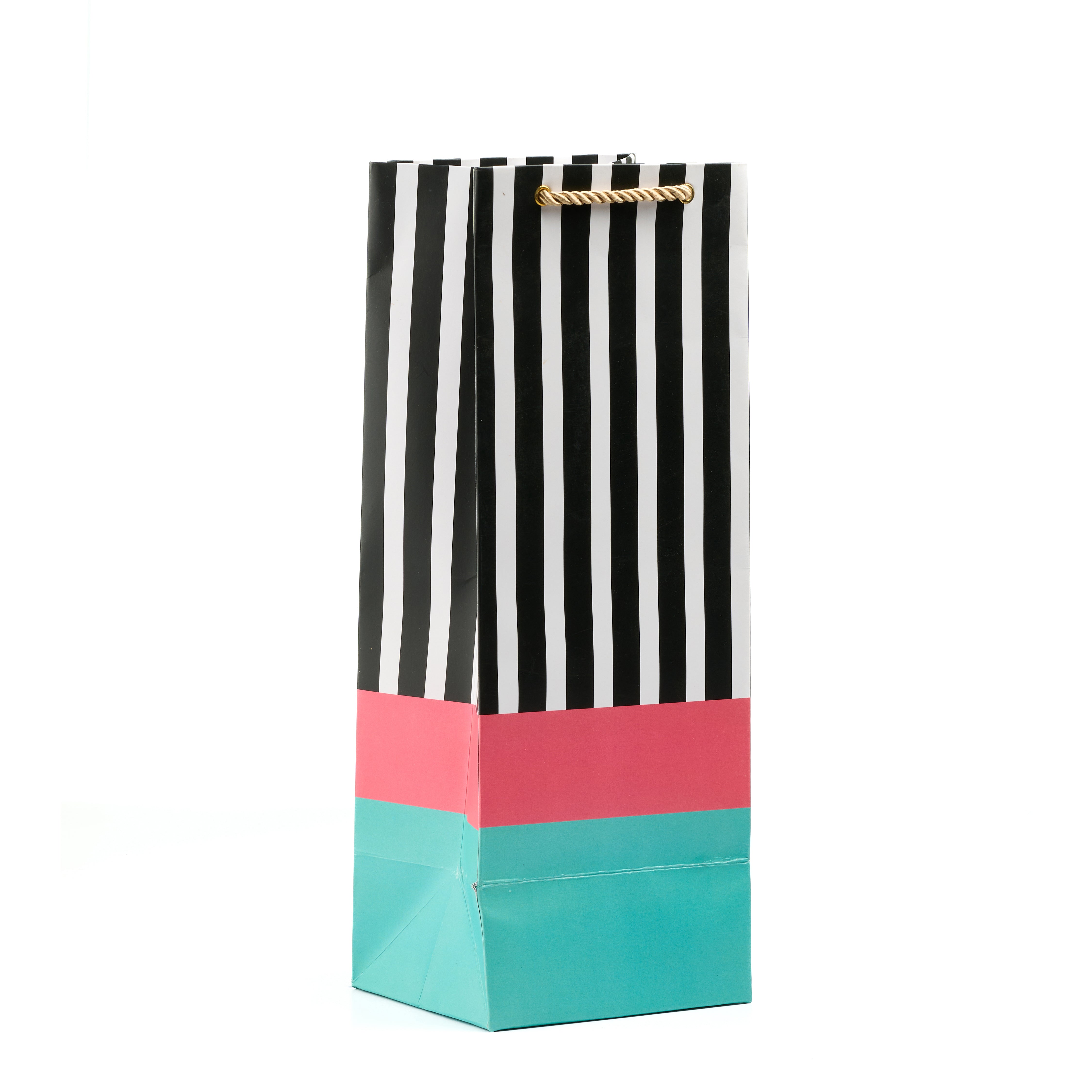 Striped black
 wine gift bag featuring a contrasting teal detail and premium rope handle