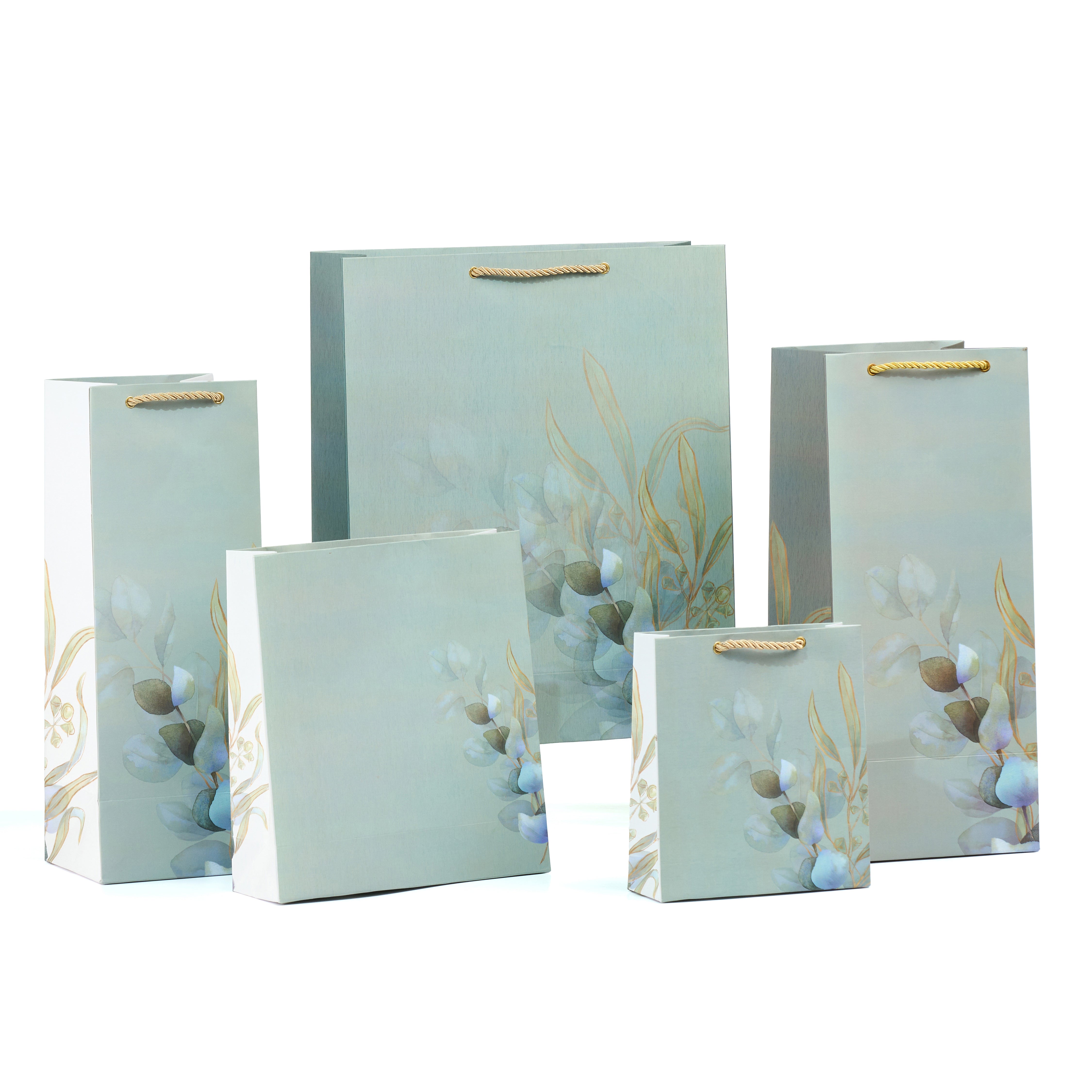 Grande gift bag set in tranquil blue eucalyptus design with all sizes—shirt, medium, small, and wine—ideal for nature-inspired luxe gifting.

