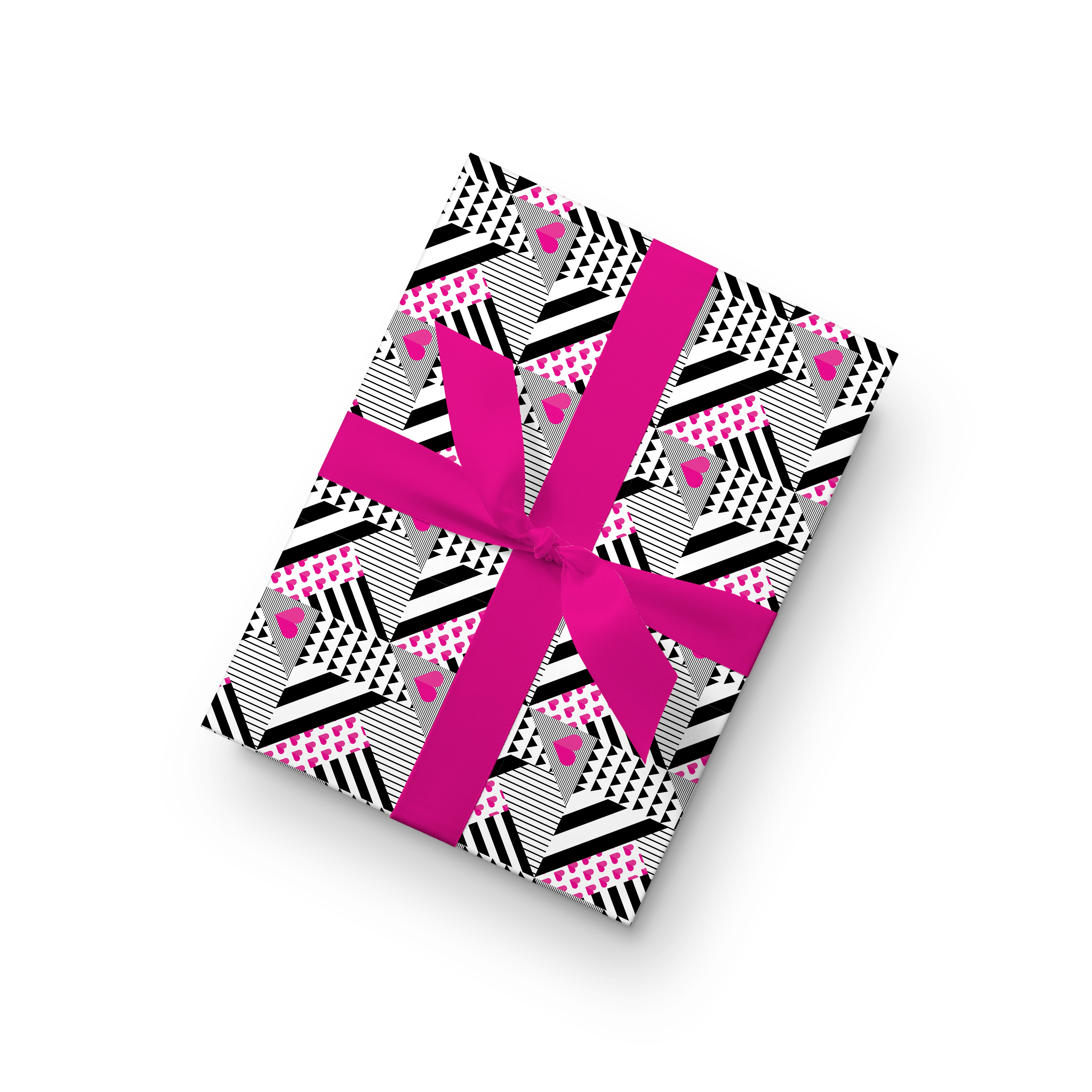 Black and white geometric wrapping paper with pink hearts, modern graphic gift wrap for celebrations.