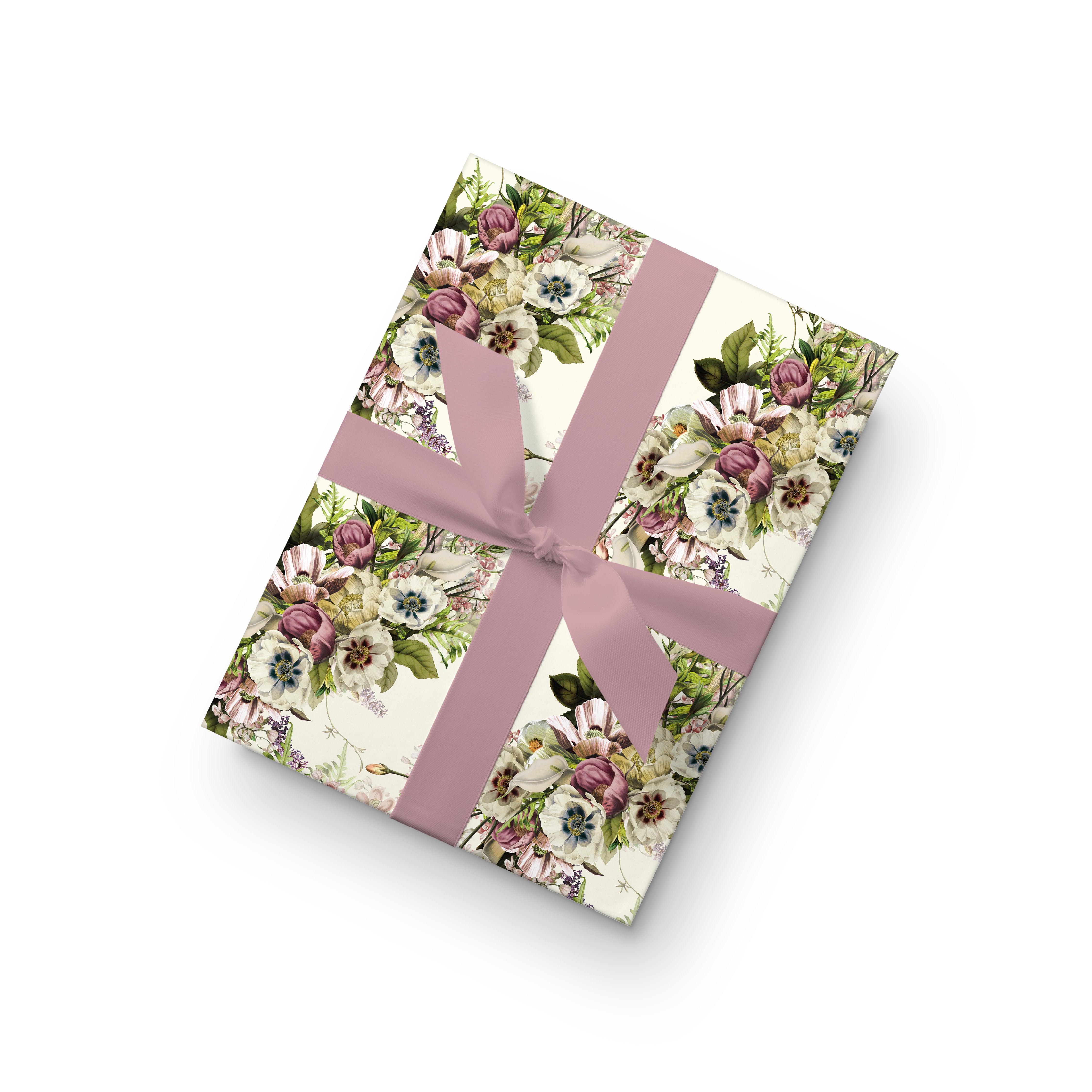 Cream floral wrapping paper with vintage botanical blooms in pastel pink, green and white, elegant gift wrap.