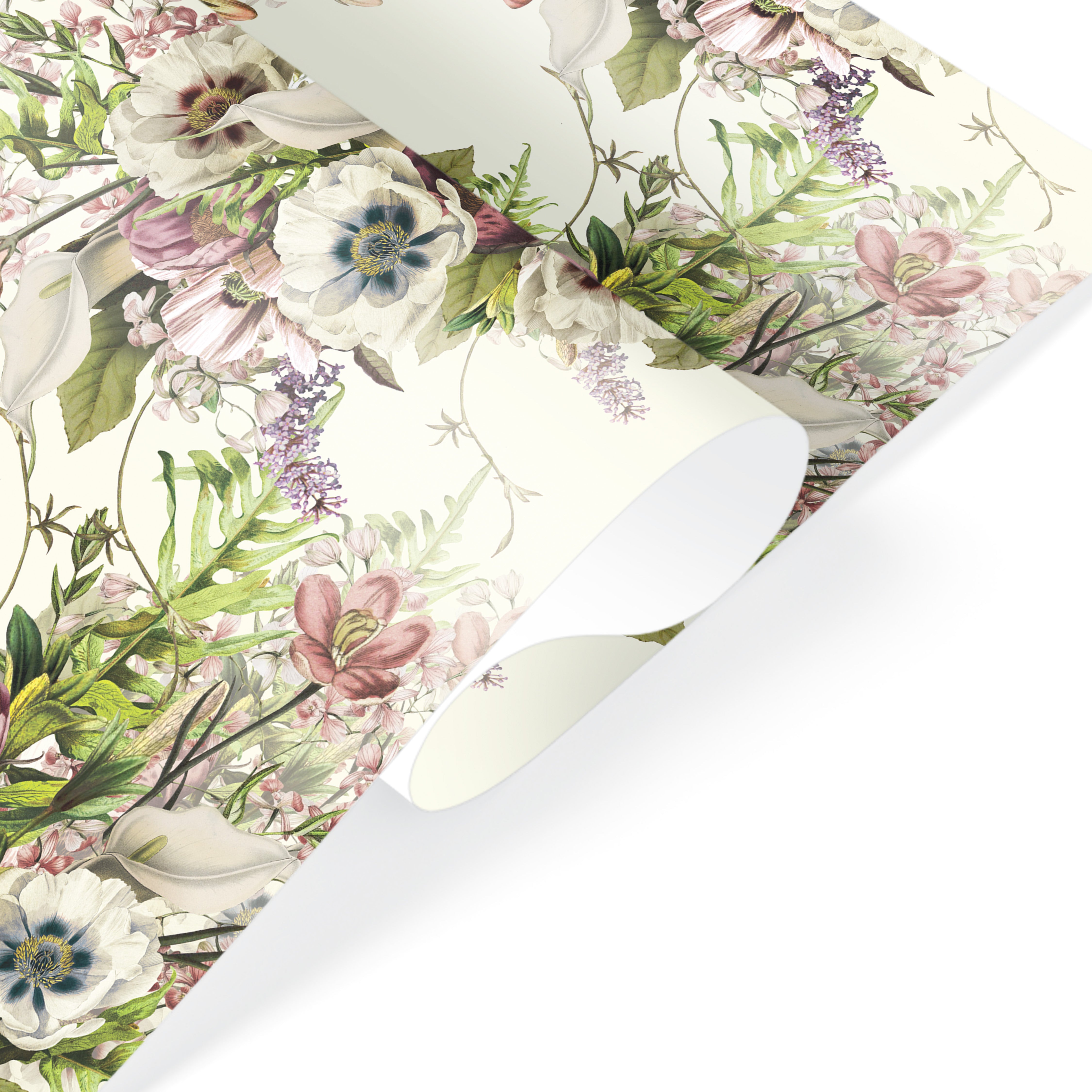 Cream floral wrapping paper with vintage botanical blooms in pastel pink, green and white, elegant gift wrap.