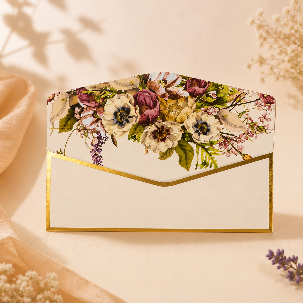 Cream floral shagun set with elegant floral bouquets on envelopes.
