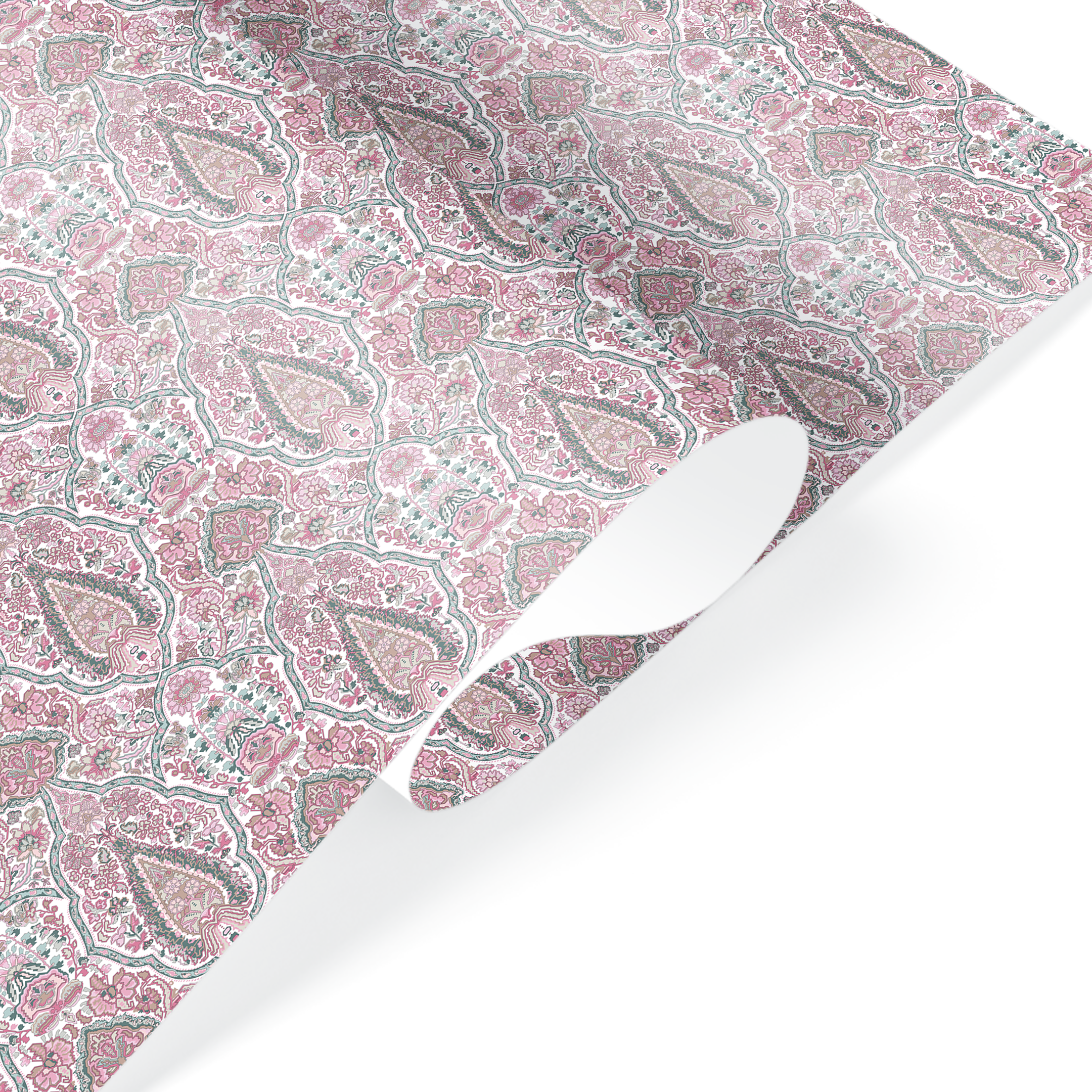 Luxury jamewar print wrapping paper in blush tones with a satin ribbon, featuring intricate paisley patterns.