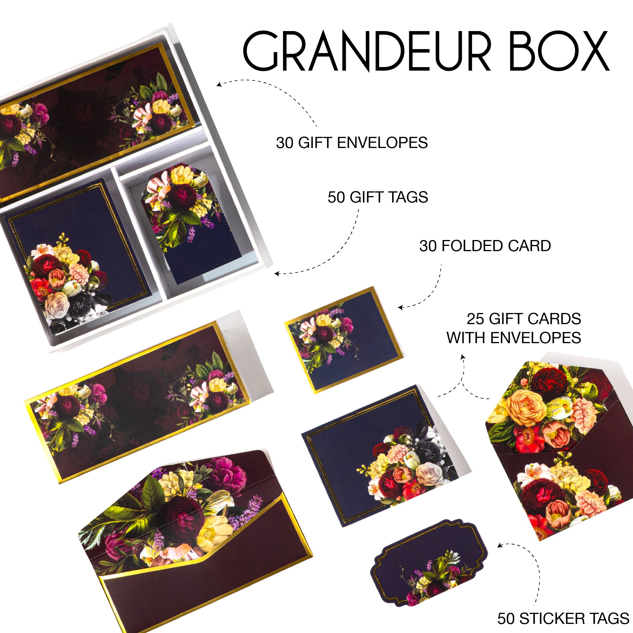 Premium floral stationery gift set in deep tones with rose bouquet prints, ideal for luxury gifting needs.
