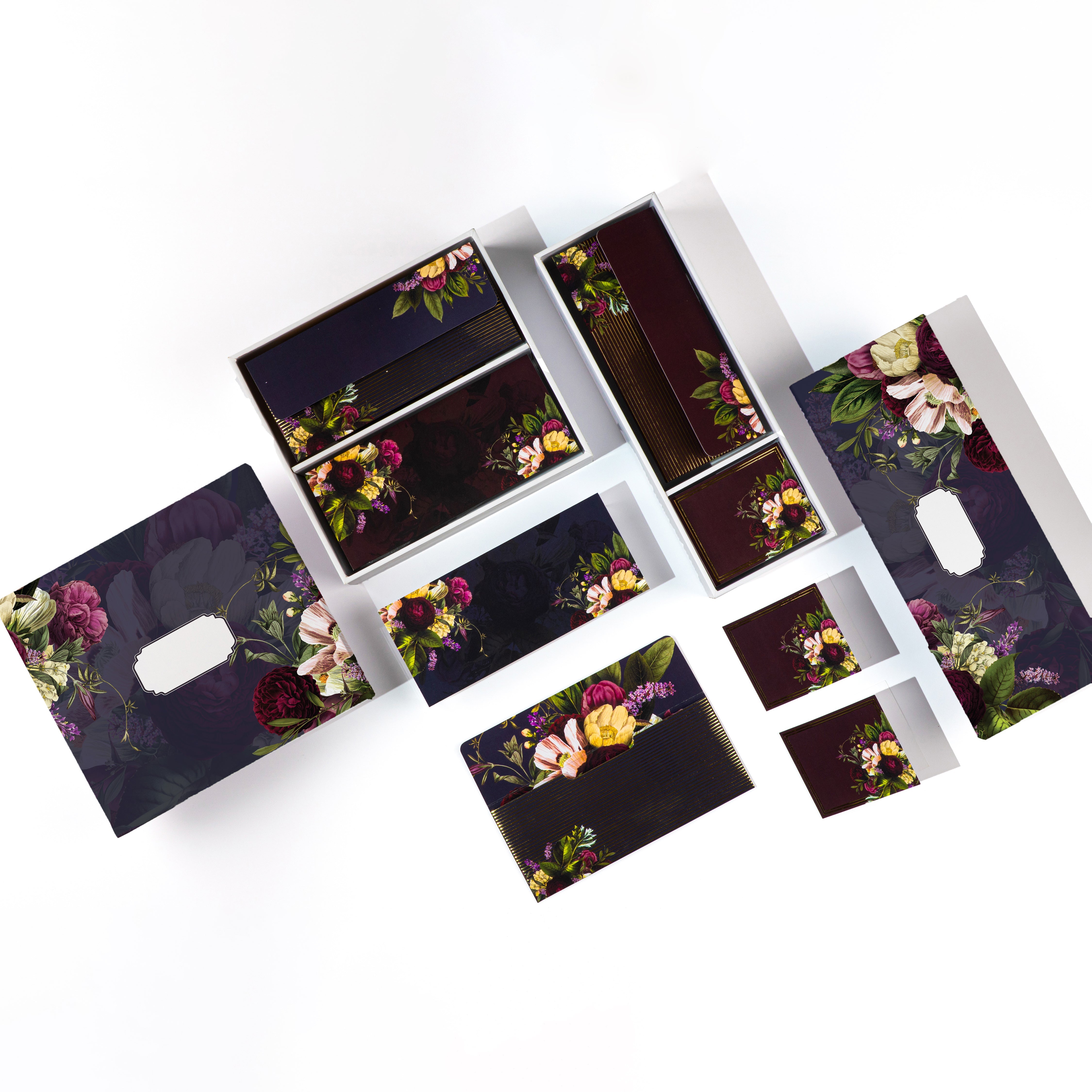 Premium floral stationery gift set in deep tones with rose bouquet prints, ideal for luxury gifting needs.