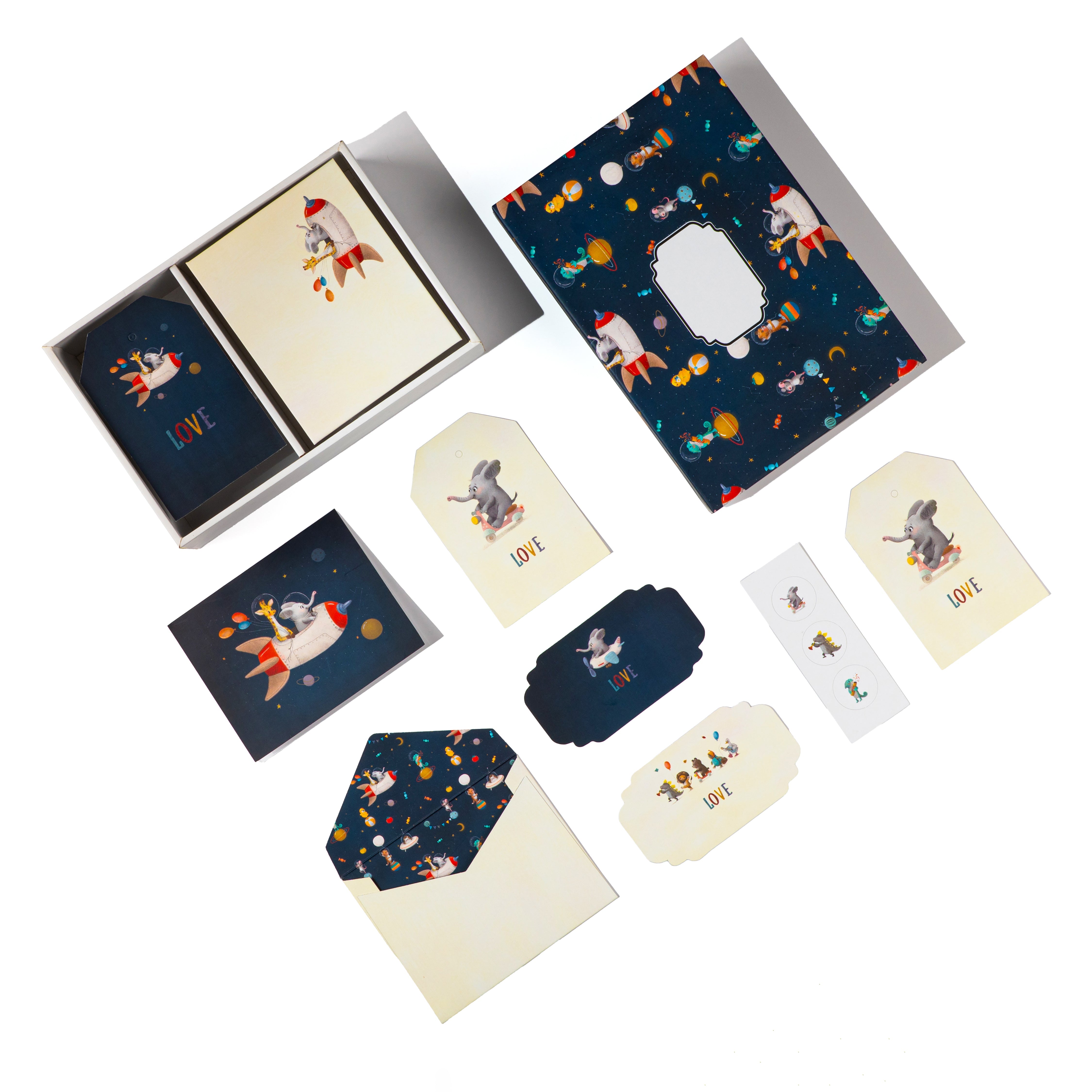 Cosmic Safari stationery set with safari animals in space-themed designs, envelopes, tags, notes & box

