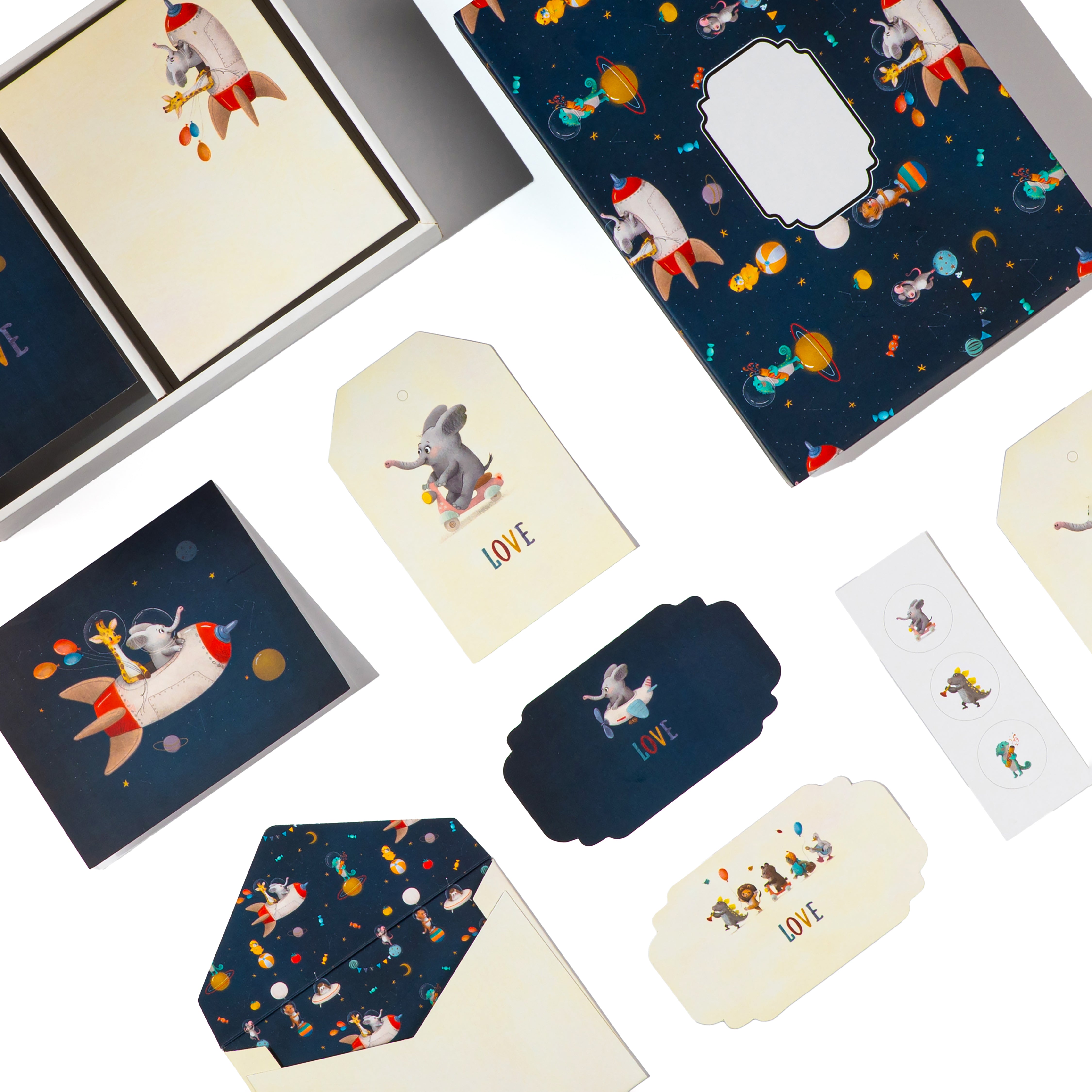 Cosmic Safari stationery set with safari animals in space-themed designs, envelopes, tags, notes & box

