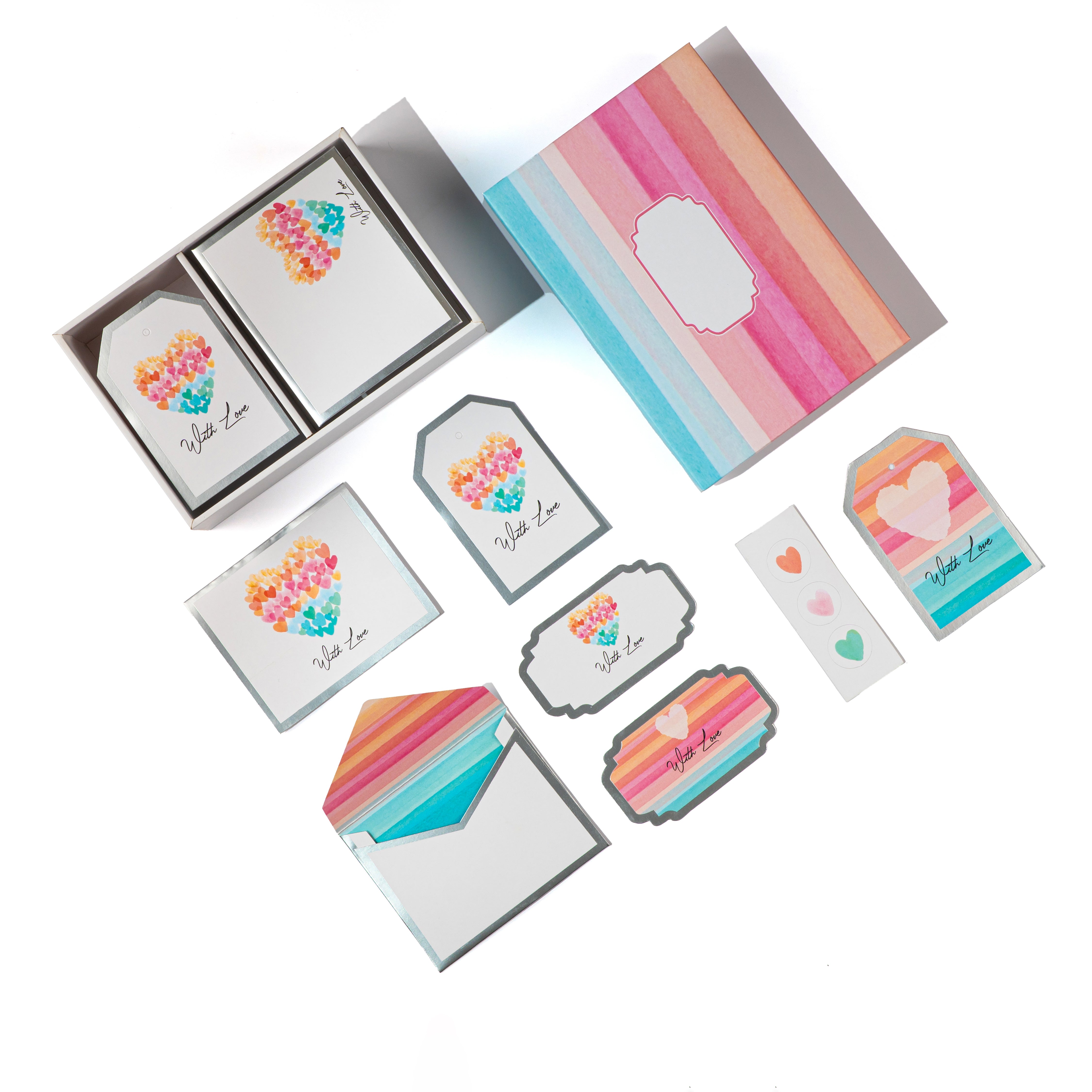 Vibrant striped stationery box featuring watercolor heart motifs and “With Love” tags.