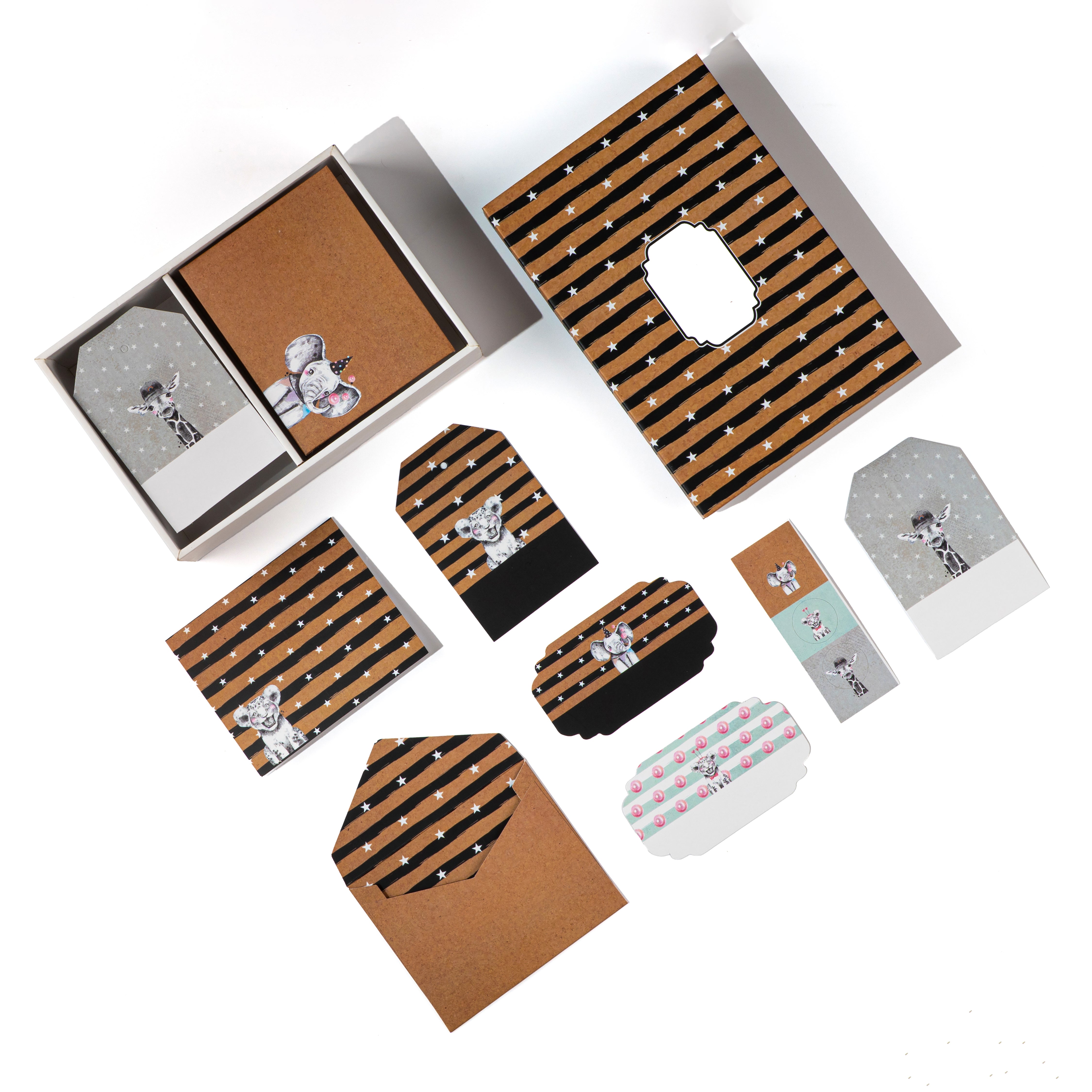 Kraft paper set with zebra‑striped envelopes and whimsical animal face prints.