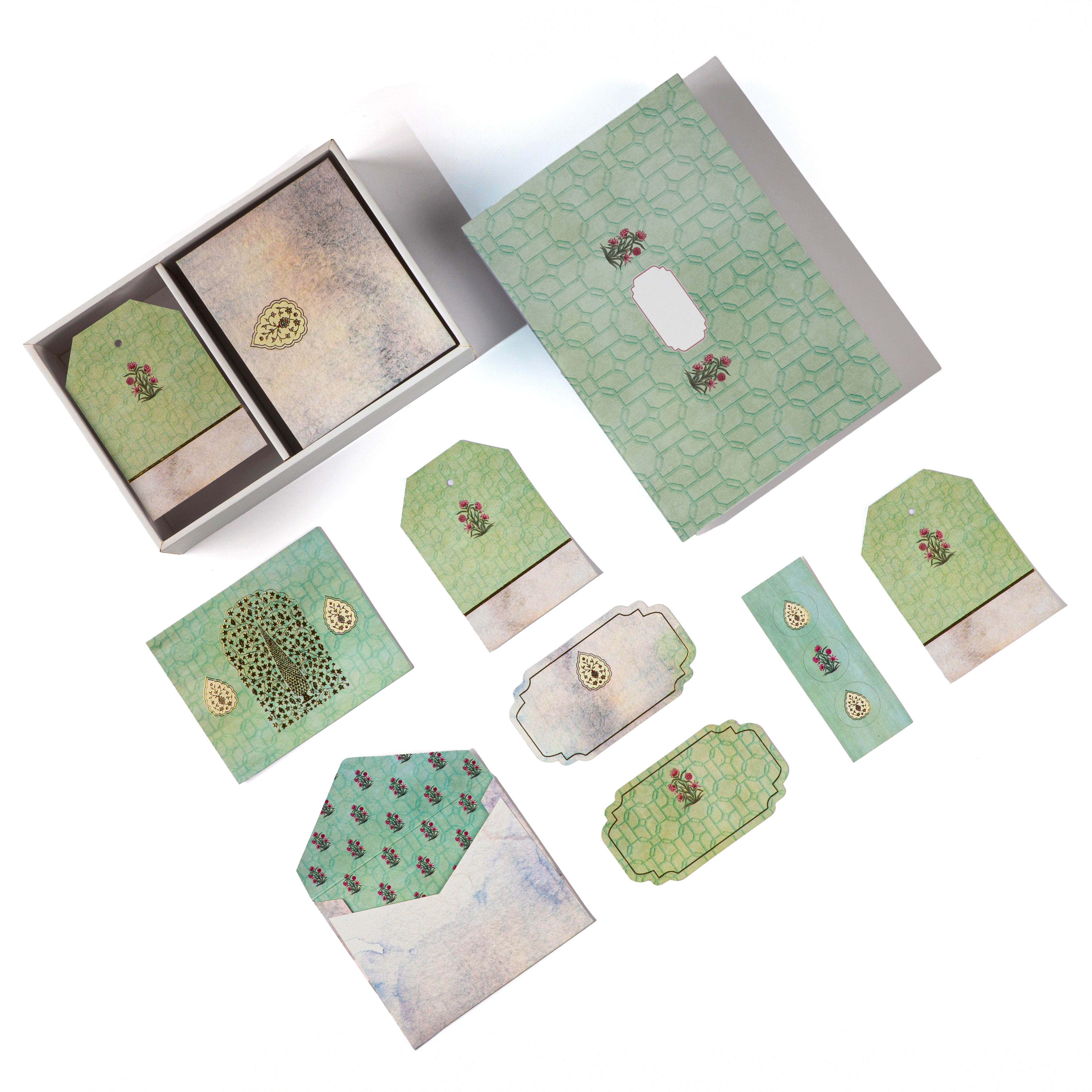 Pastel Mughal Blooms stationery set with Ajrak-inspired patterns, Jaipur motifs, and elegant floral designs

