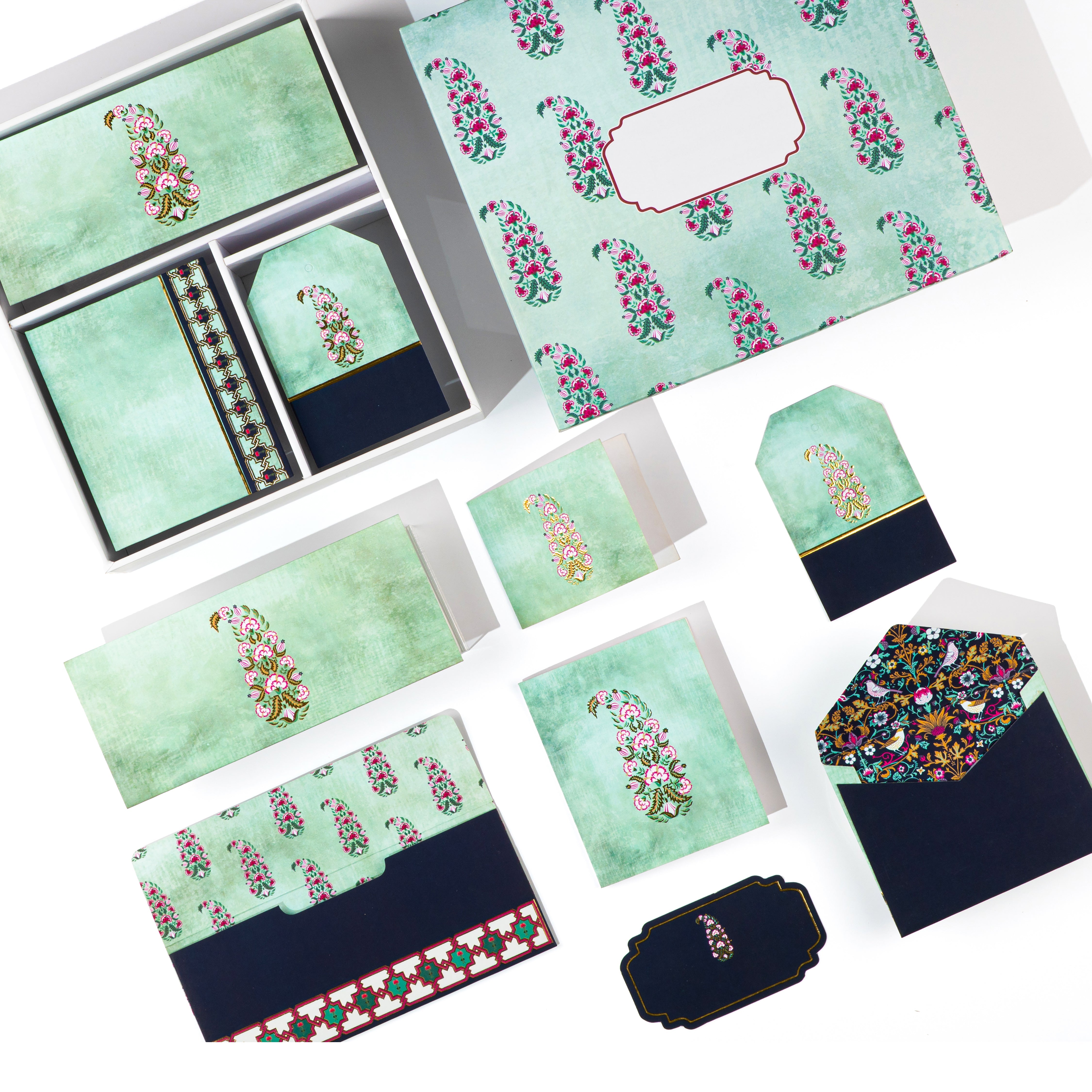 Traditional paisley motif stationery set in mint and navy blue with Indian ethnic design, perfect for festive gifting.