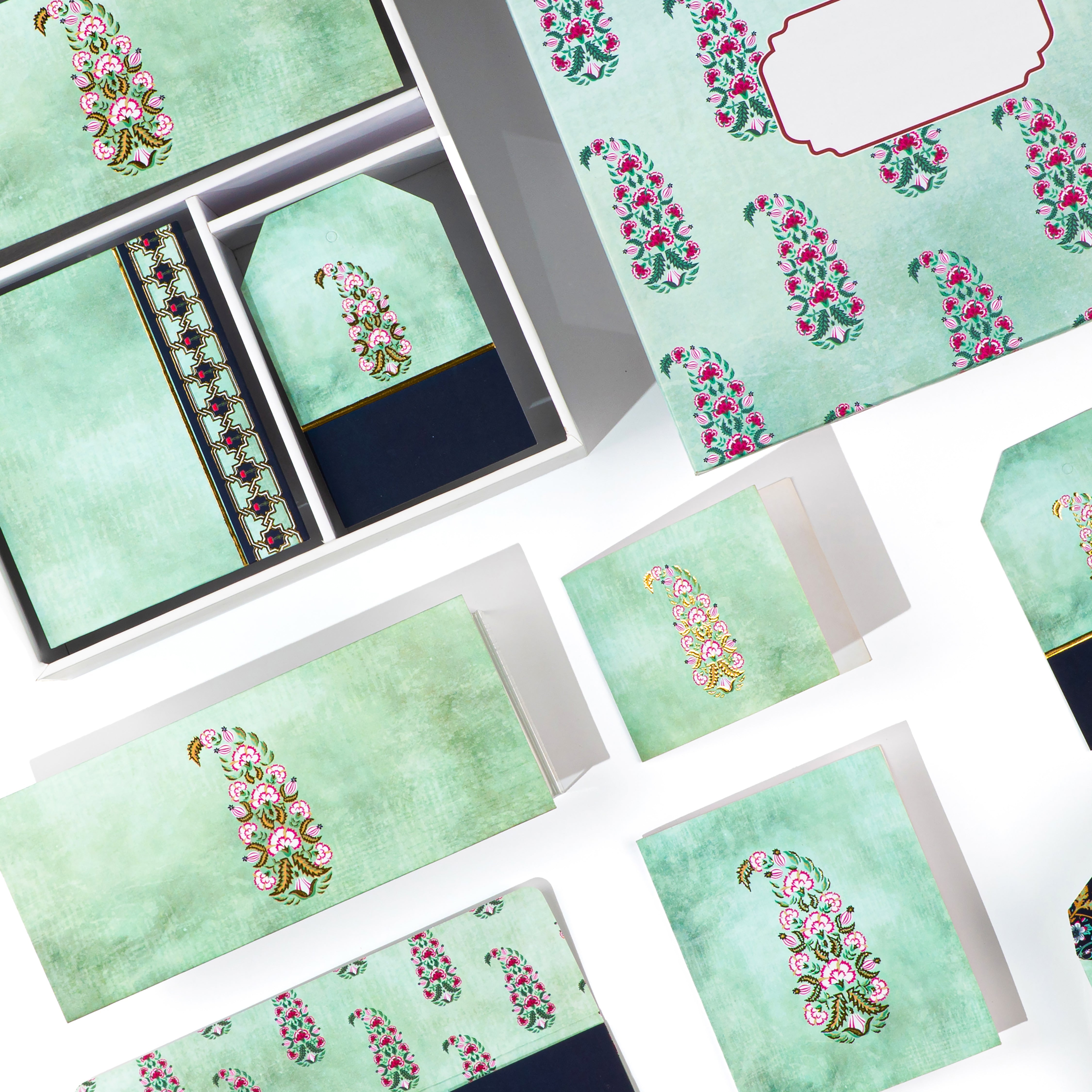 Traditional paisley motif stationery set in mint and navy blue with Indian ethnic design, perfect for festive gifting.
