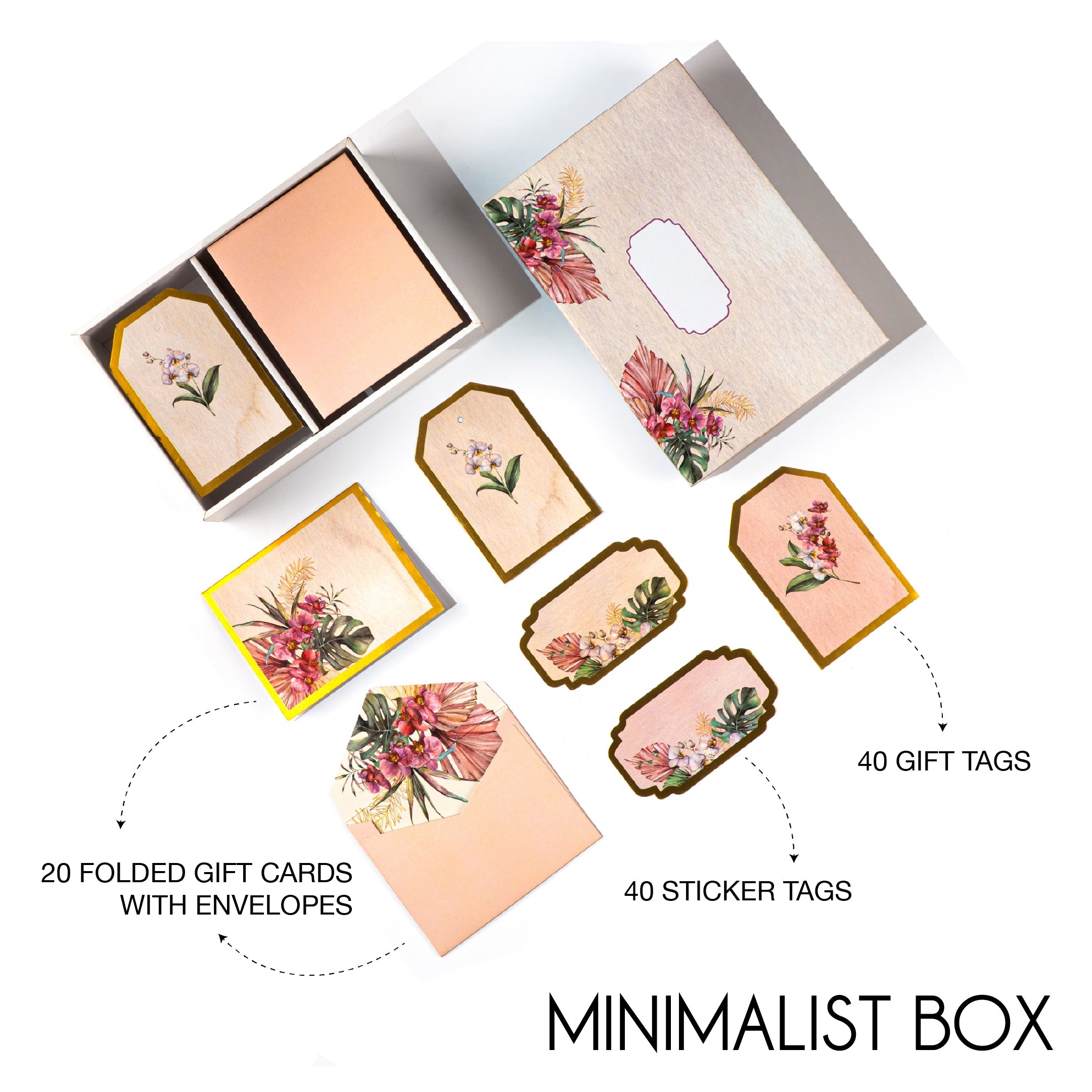 Tropical floral stationery set with gold accents, featuring tags, cards, and envelopes in a wooden-look box.