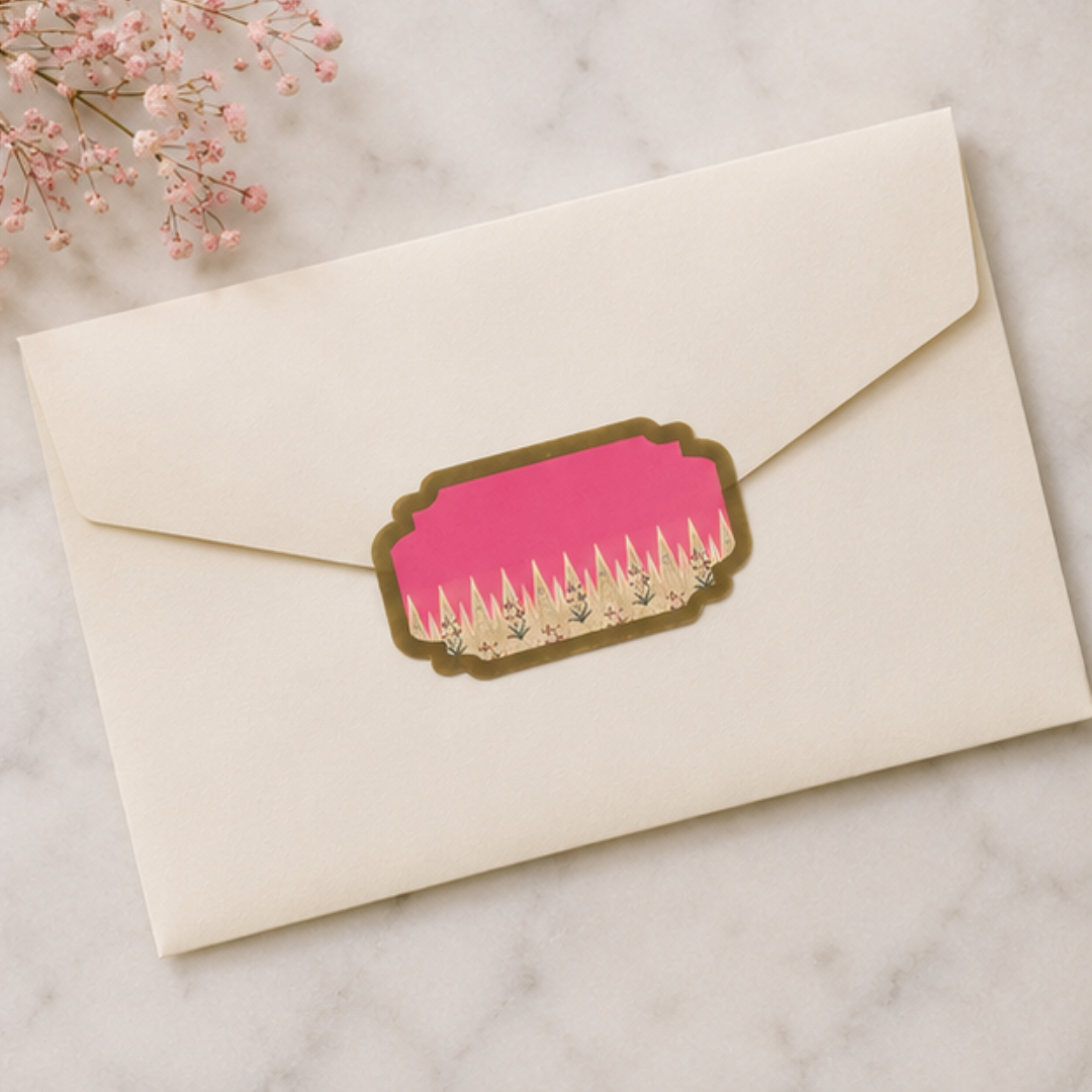 Vibrant pink sticker tag featuring delicate botanical artwork and geometric floral accents, perfect for weddings and festive hampers.