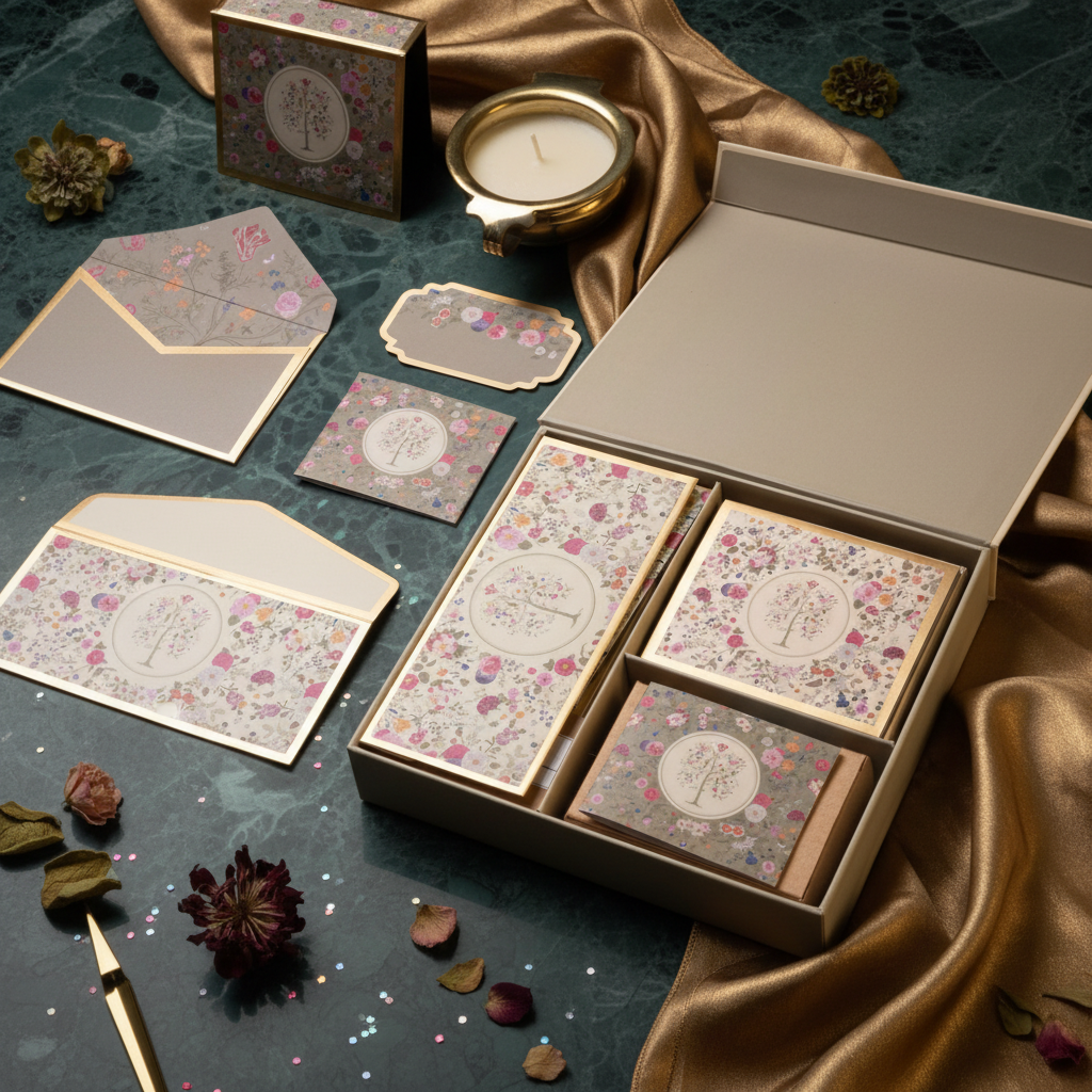 Elegant floral stationery box including money envelopes, folded cards, hanging tags, sticker labels, and gift cards with matching envelopes in coordinated design.