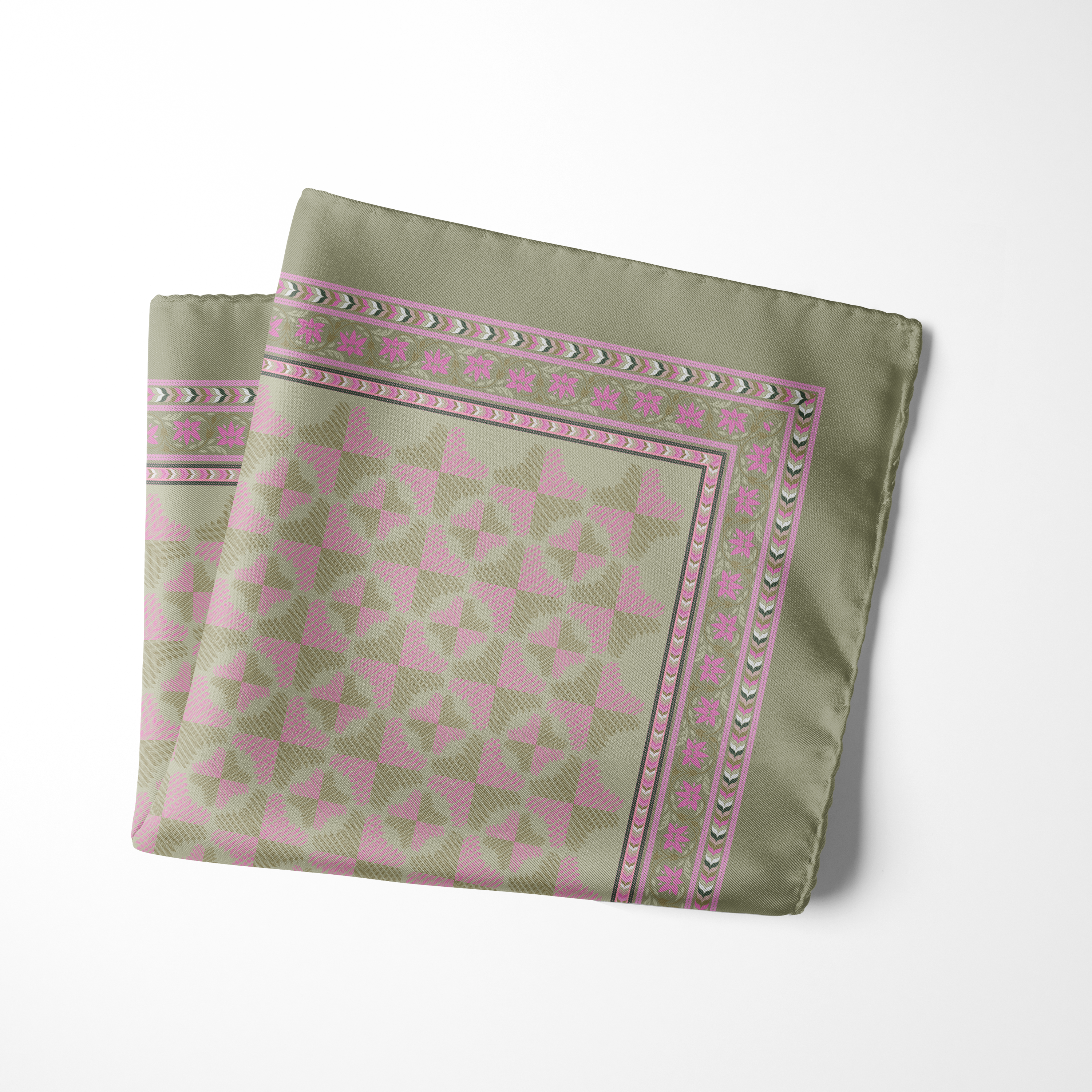 Sage green pocket square with blush pink floral motifs and an intricate geometric border