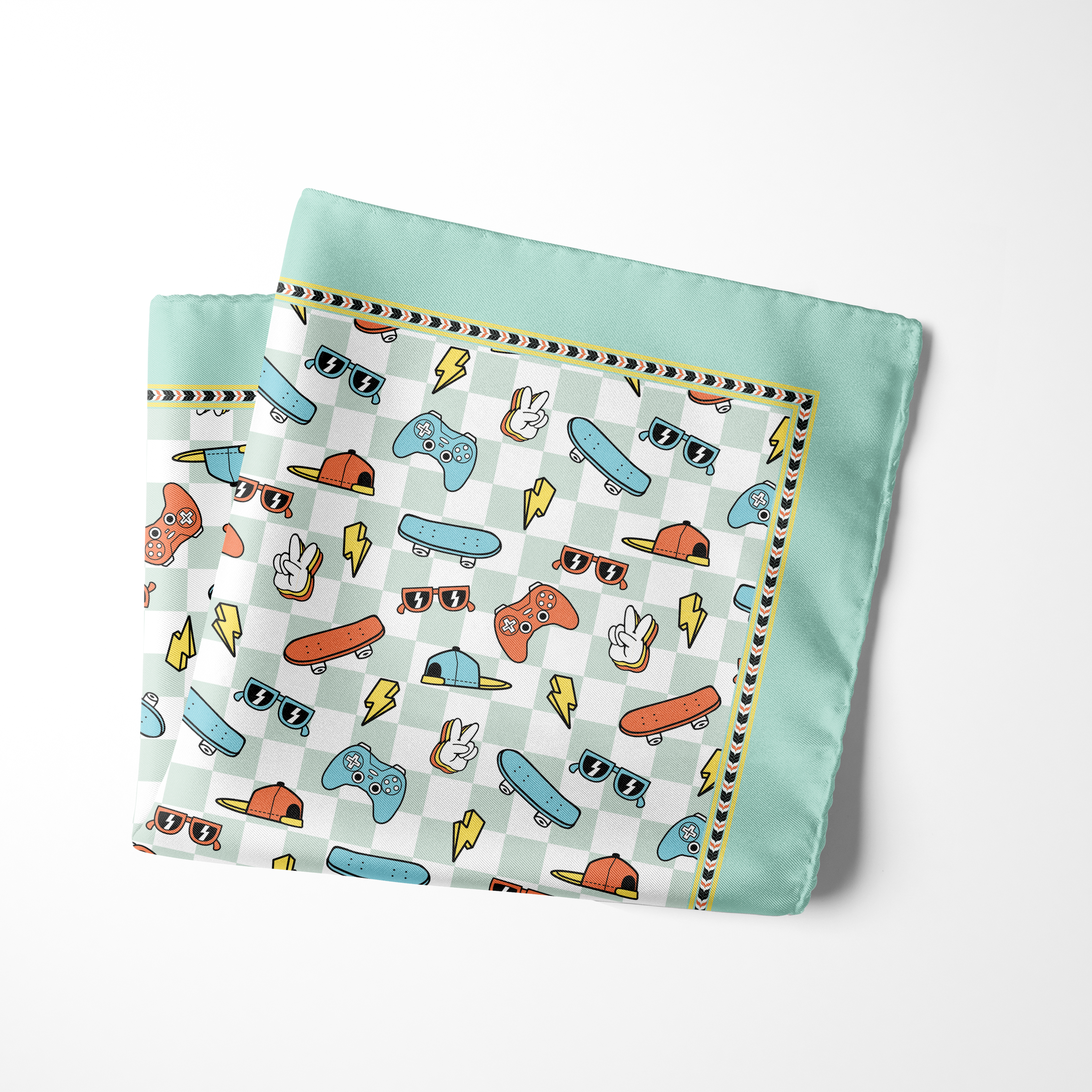 Playful printed pocket square with skateboards, gaming controllers and sunglasses in mint and orange
