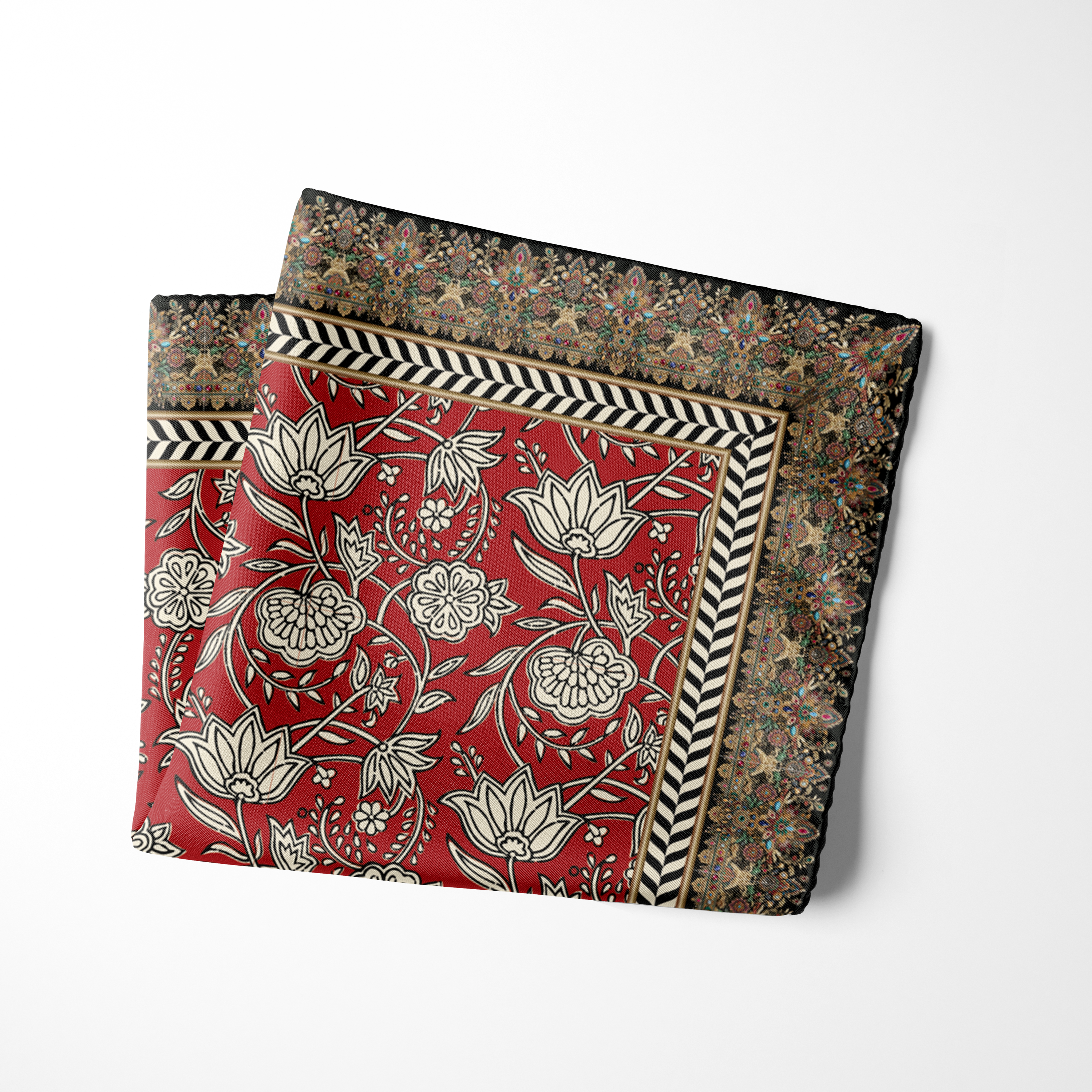 Scarlet red pocket square with ivory floral motifs and an ornate paisley border