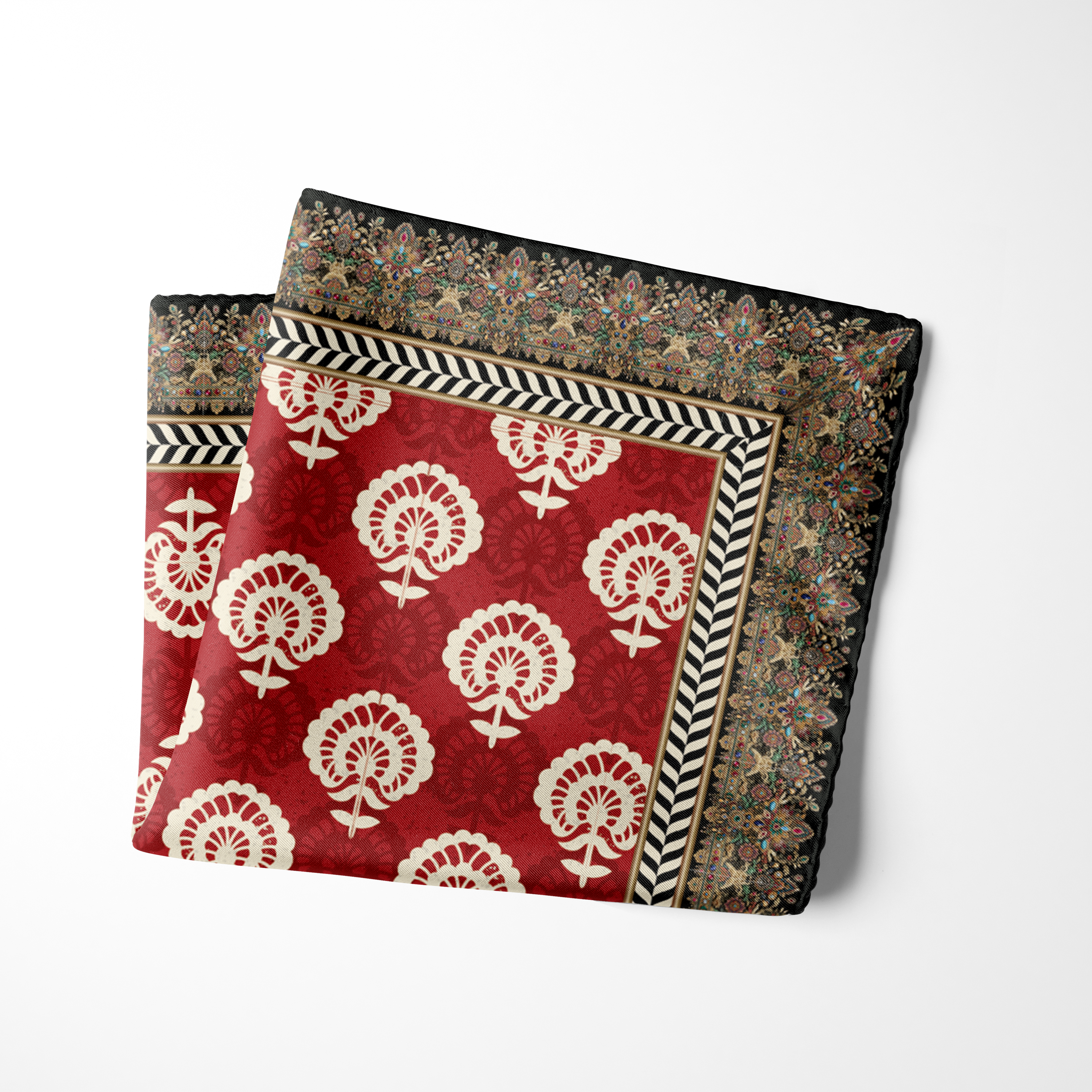 Crimson red pocket square with ivory botanical motifs, ornate multicolour border and black chevron detailing