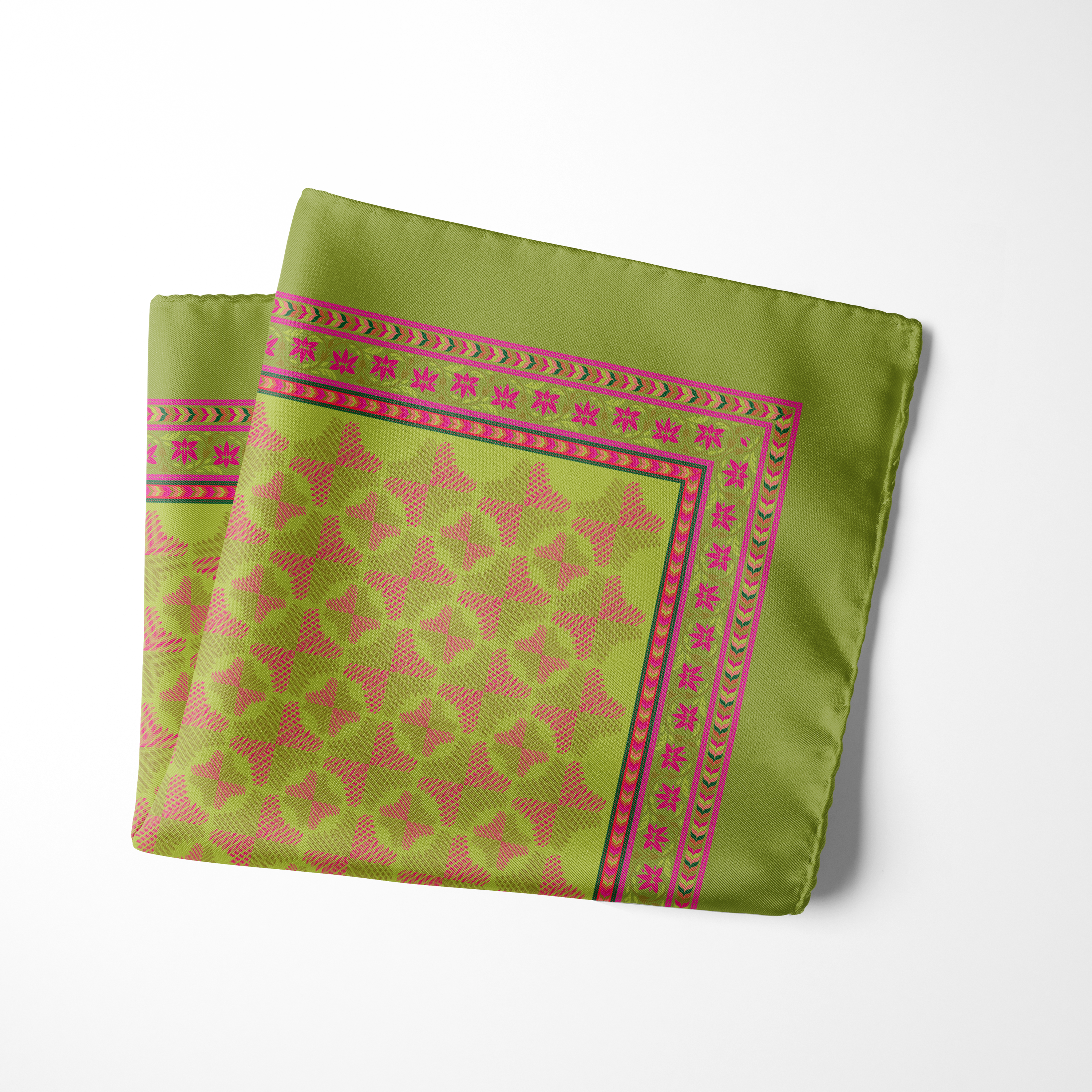 Lime green pocket square with geometric floral pattern and vibrant fuchsia decorative border