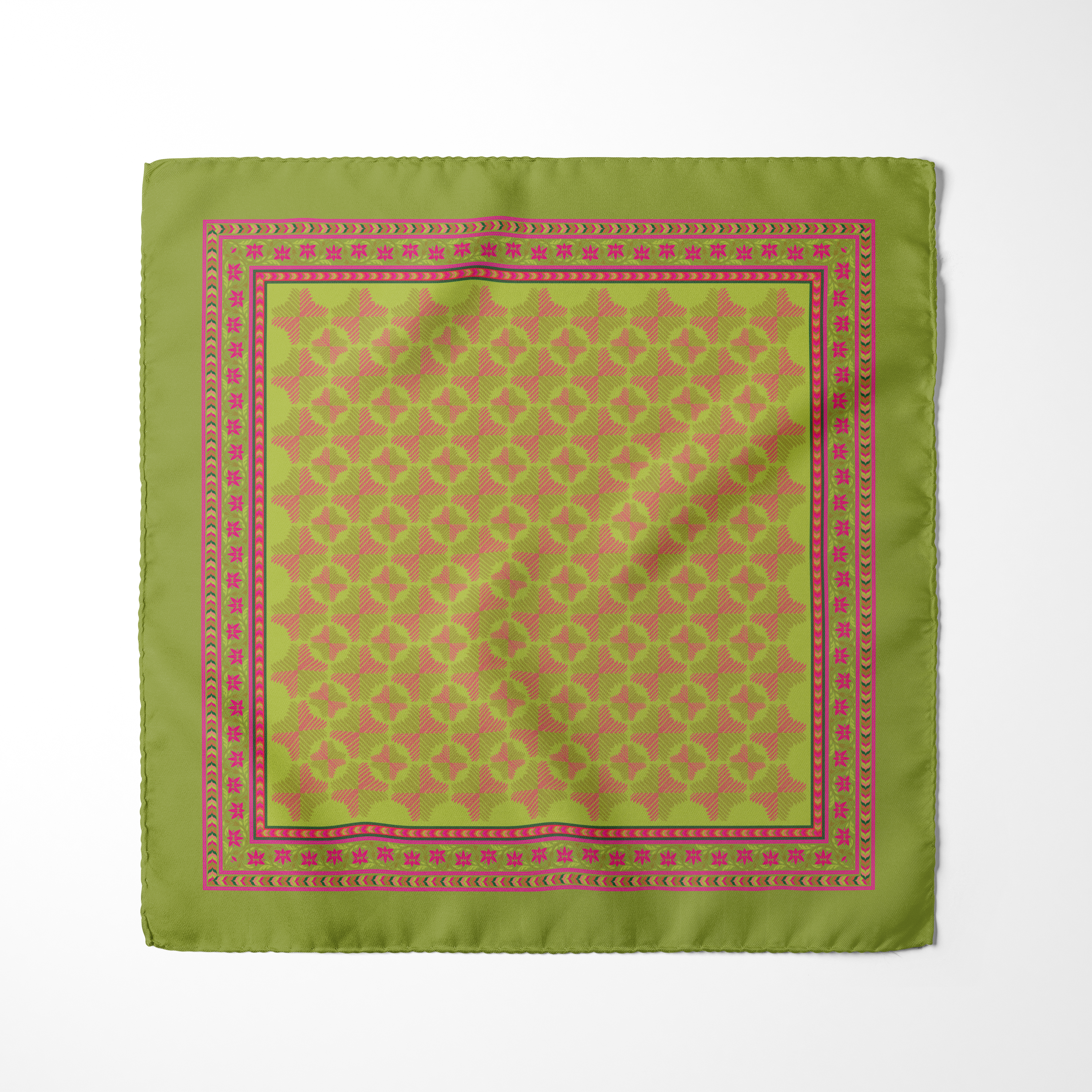 Lime green pocket square with geometric floral pattern and vibrant fuchsia decorative border