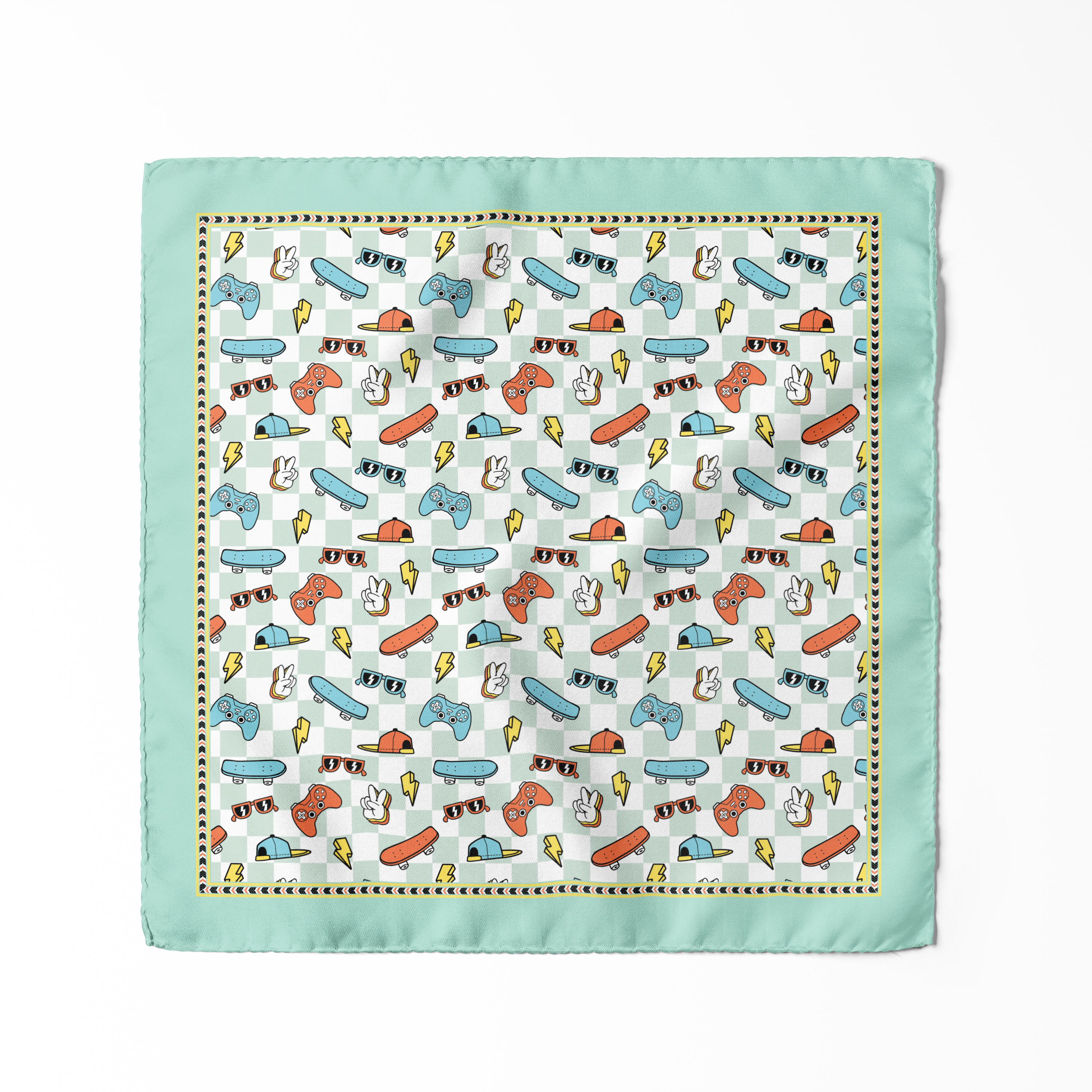 Vibrant 13x13 inch pocket square with contemporary graphic print and colourful border