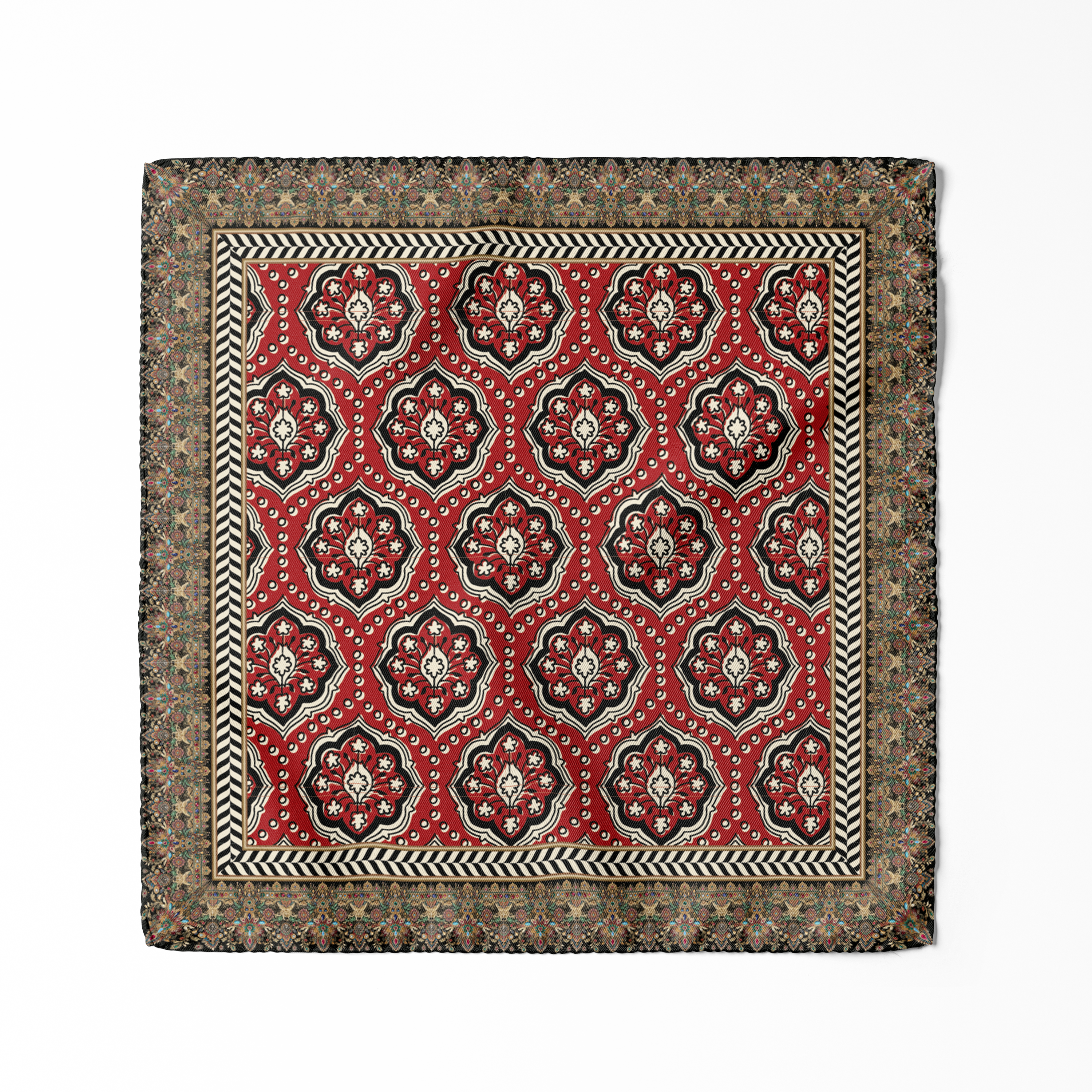 Crimson Lotus Heritage Pocket Square features a striking crimson base adorned with delicate floral and botanical motifs