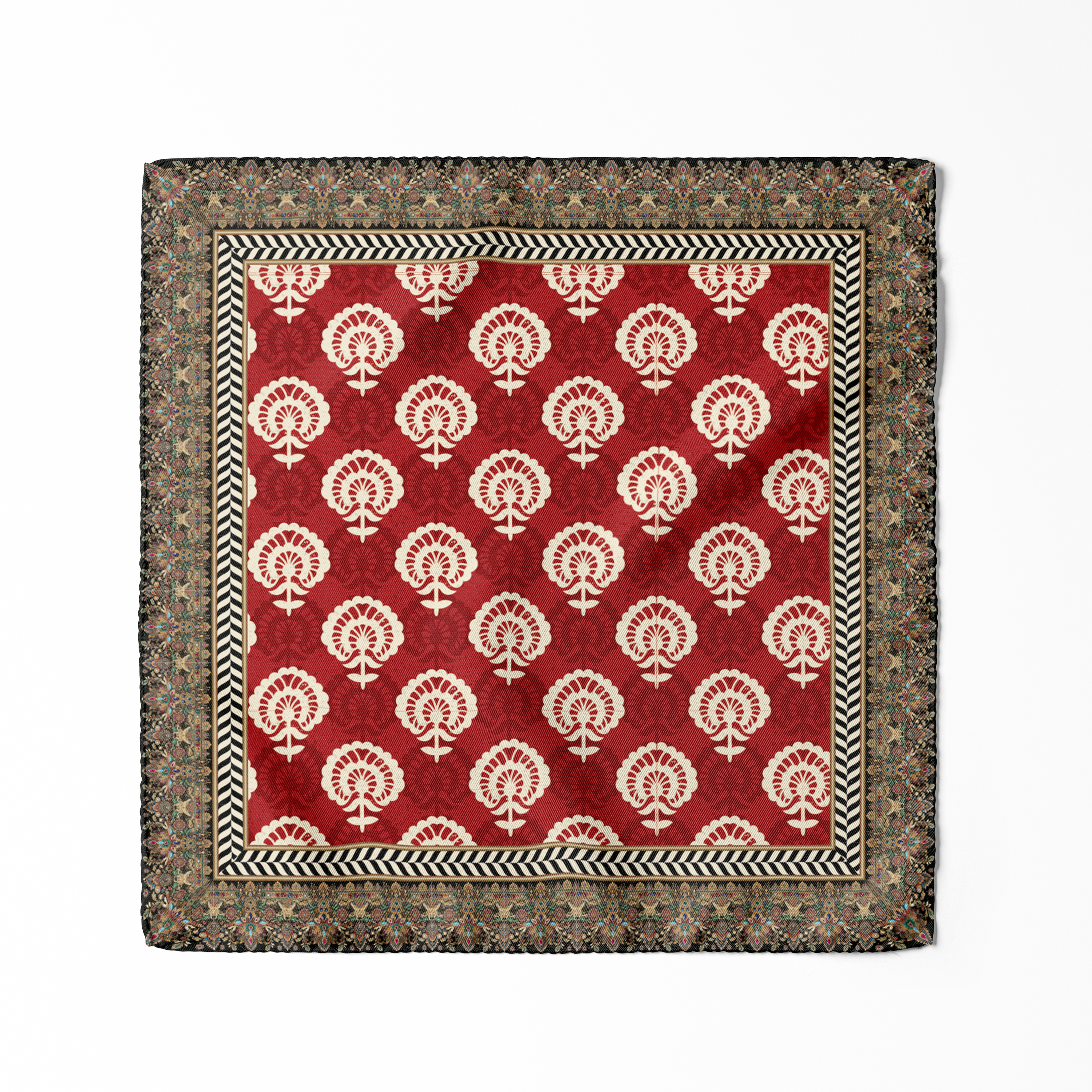 Crimson Jaal Pocket Square featuring ivory botanical motifs, ornate borders and bold detailing for weddings, festivities and formal occasions.