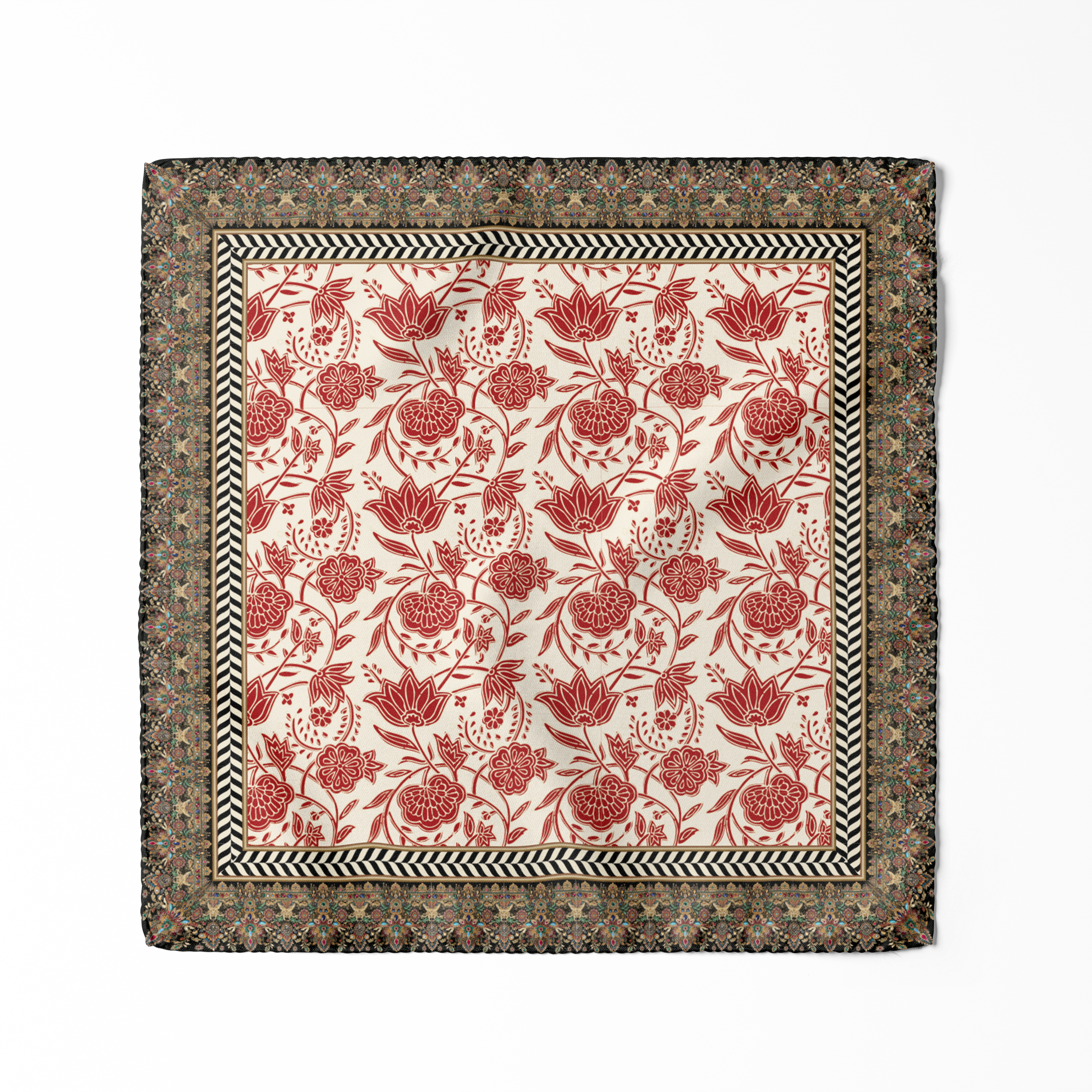 Ivory Heritage Pocket Square features red floral motifs, a chevron border and ornate detailing on an ivory base for a refined, heritage-inspired look.