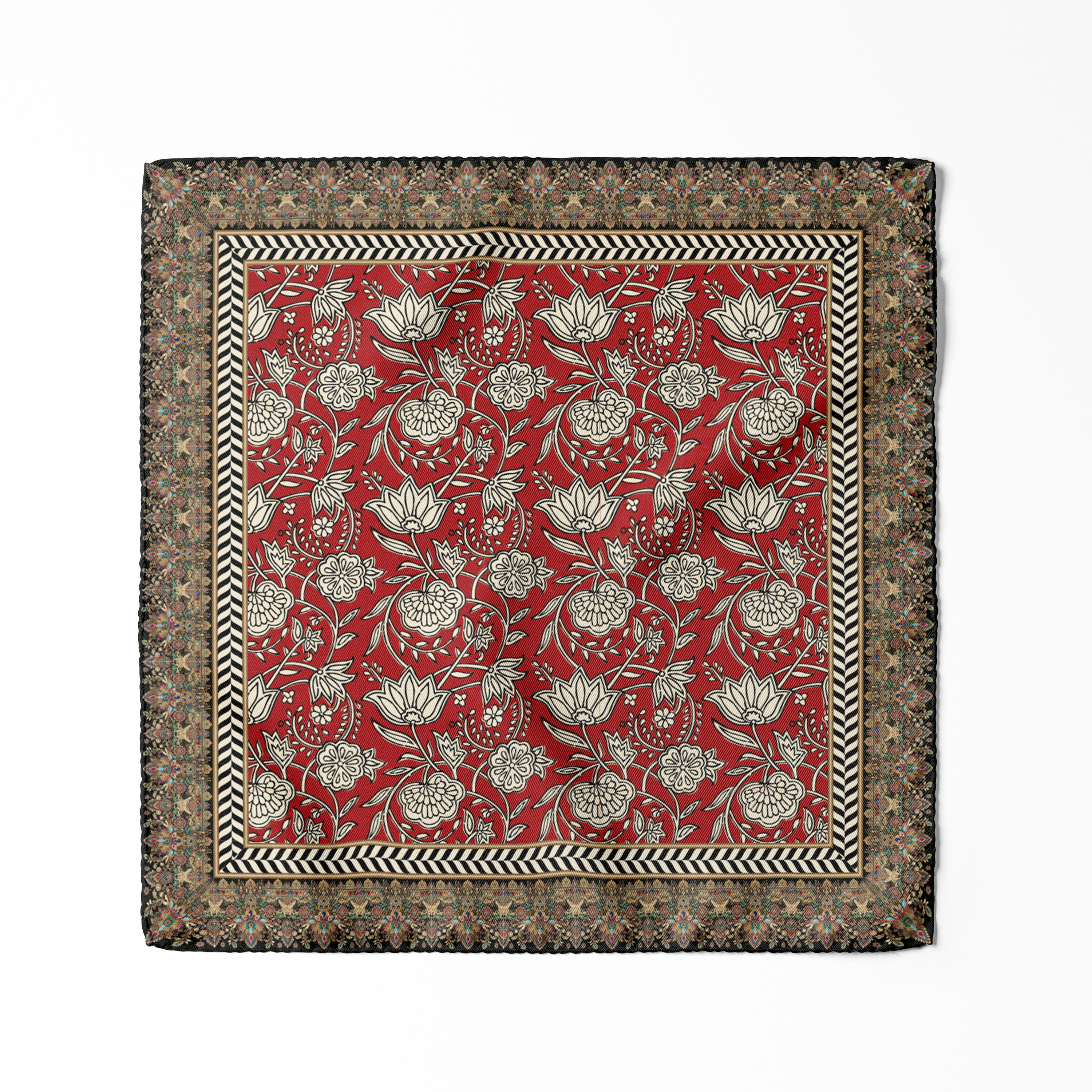 The Scarlet Heritage Pocket Square featuring traditional floral patterns with a black and white chevron border