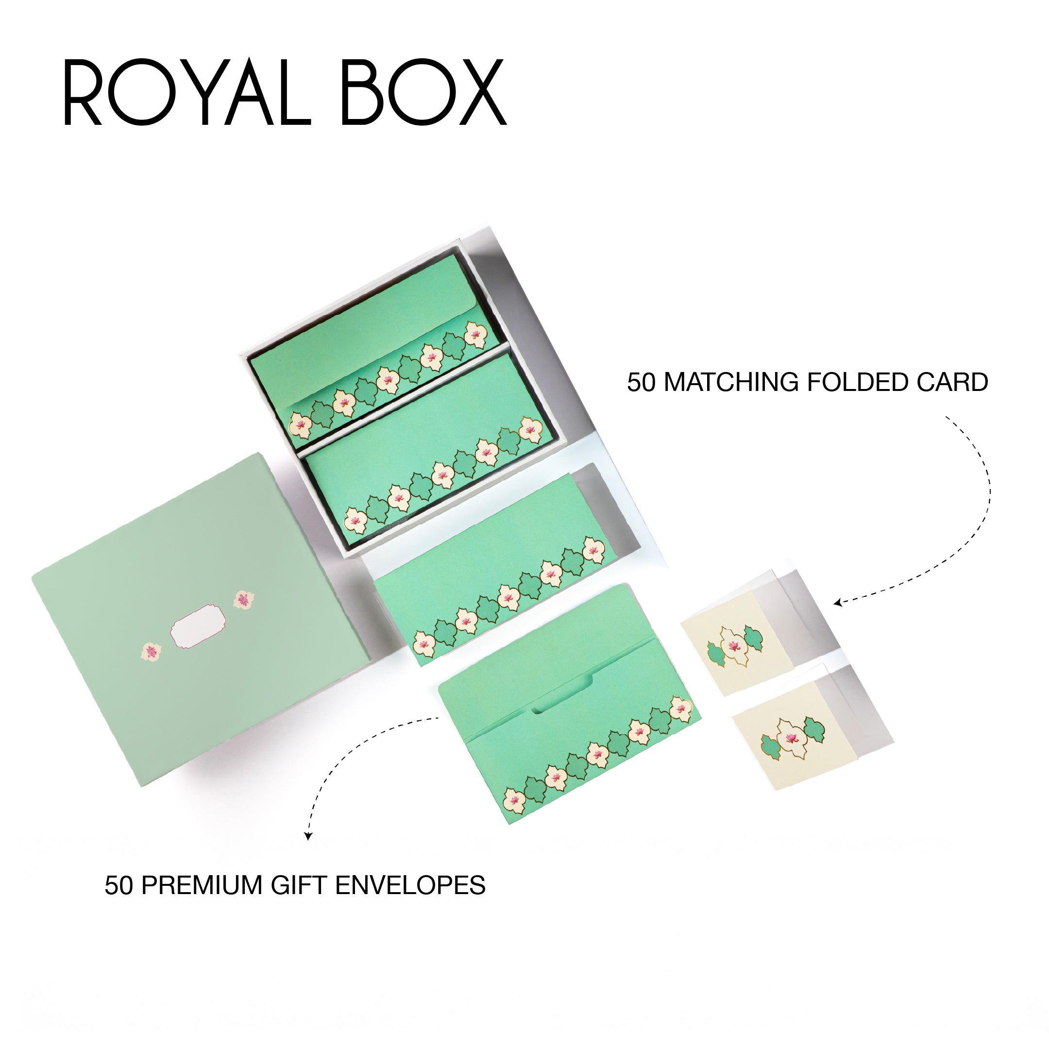 Pastel green floral stationery set with boxes, envelopes, and cards.

